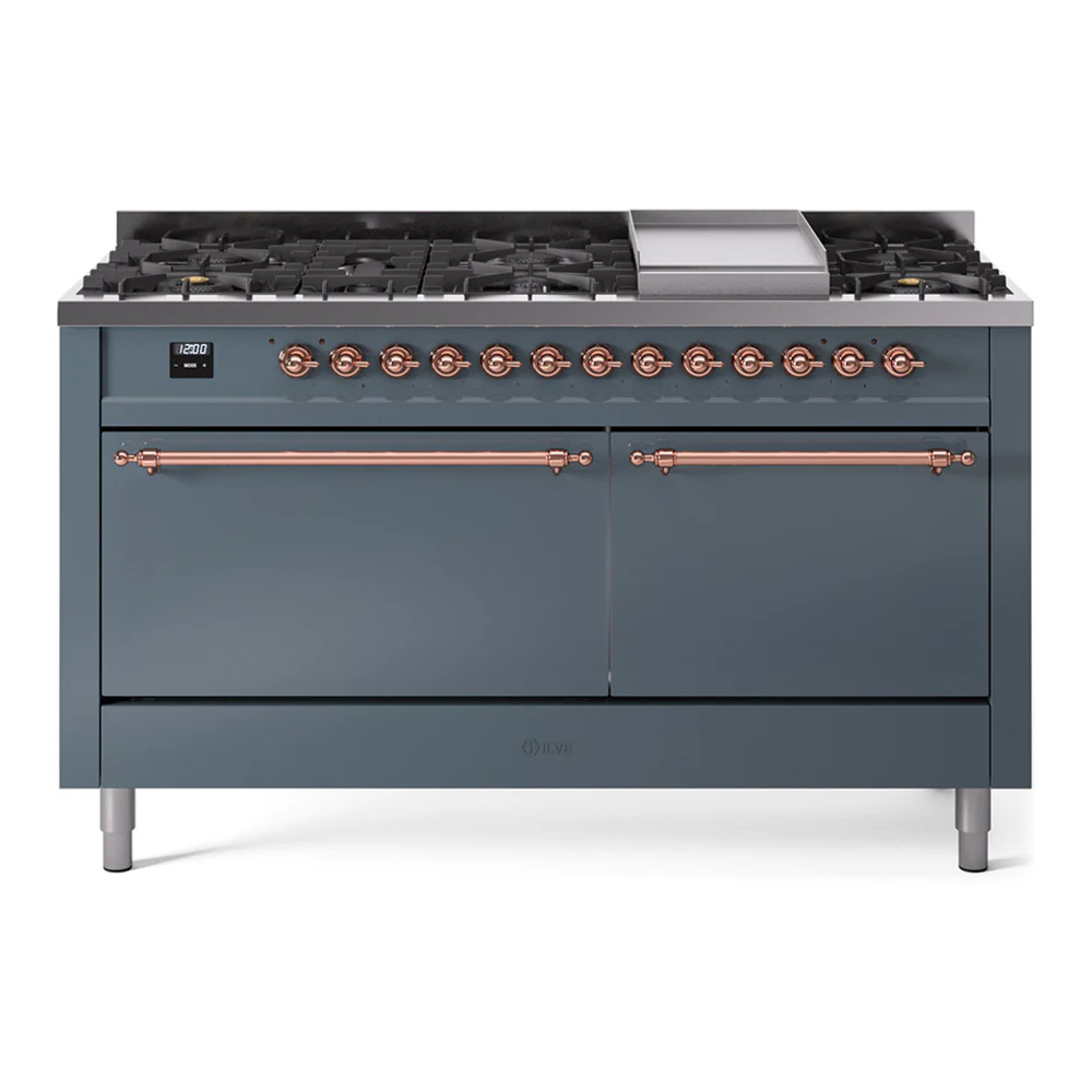 ILVE 60-Inch Nostalgie II Dual Fuel Range with 9 Burners, Griddle and Solid Door Oven in Blue Grey with Copper Trim (UP60FQNMPBGP)