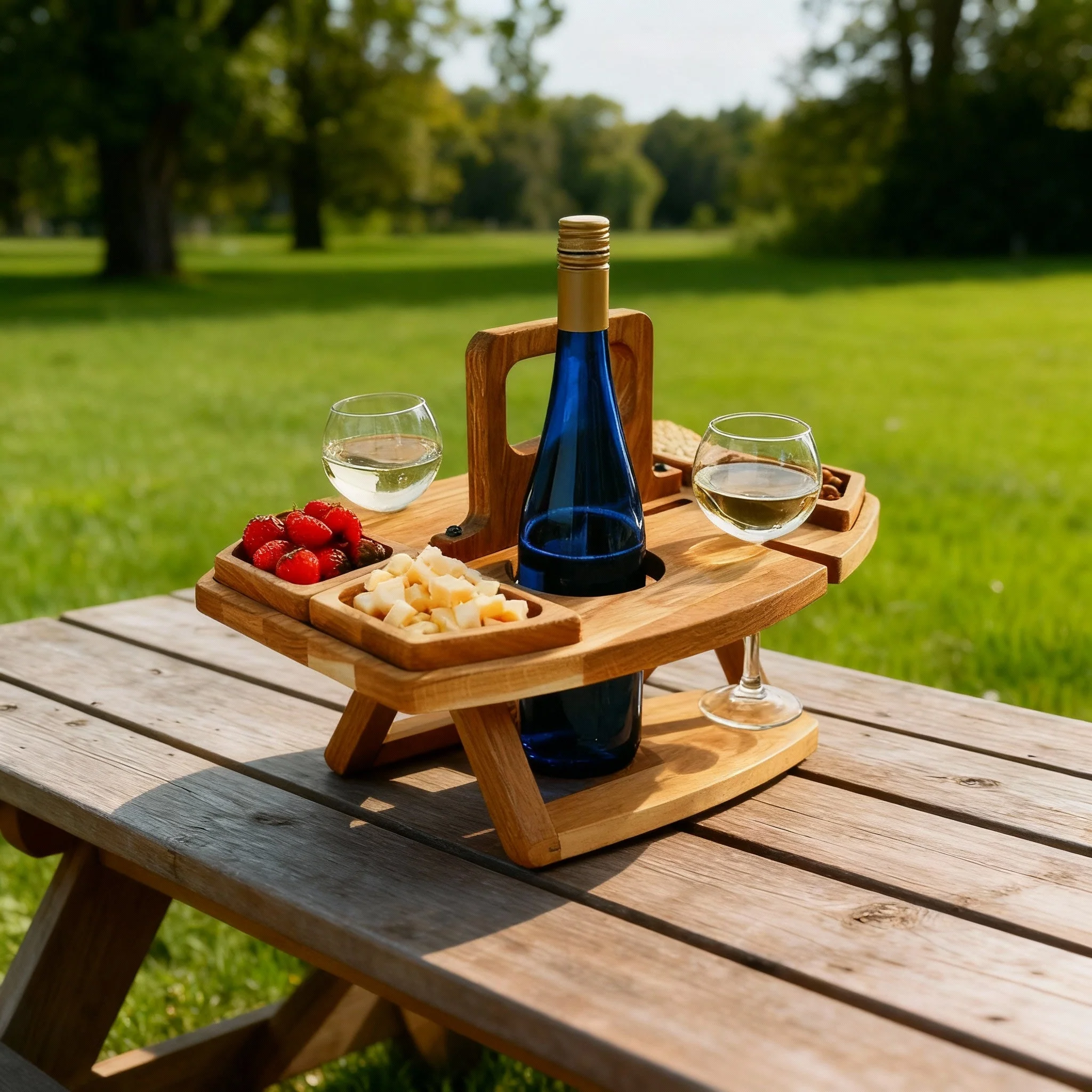 Rustic Wooden Picnic Wine Table with Glass Holders