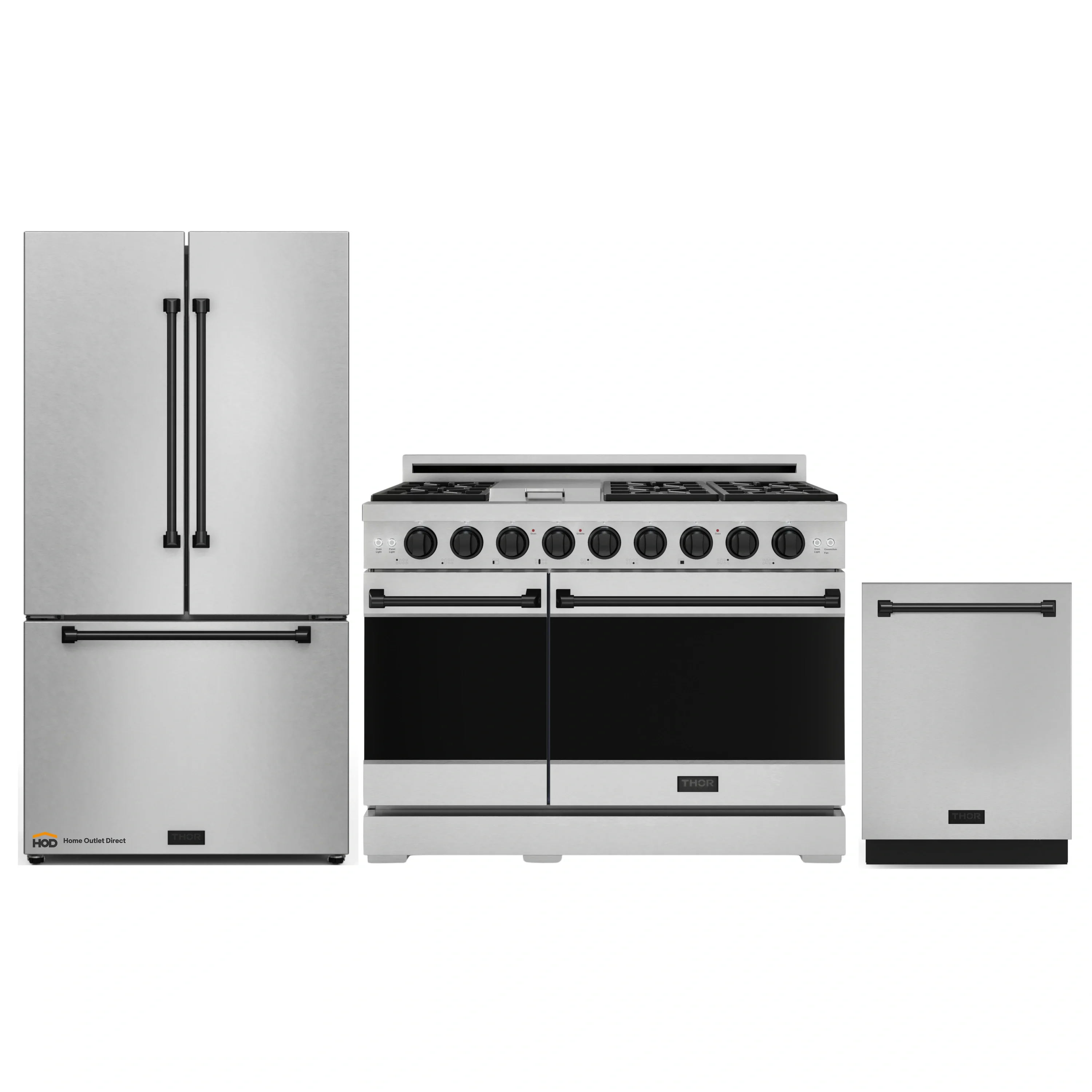 Gordon Ramsay by Thor Kitchen 3-Piece Appliance Package - 48-Inch Gas Range with Double Oven, 36-Inch Refrigerator, and Dishwasher in Stainless Steel with Black Trim