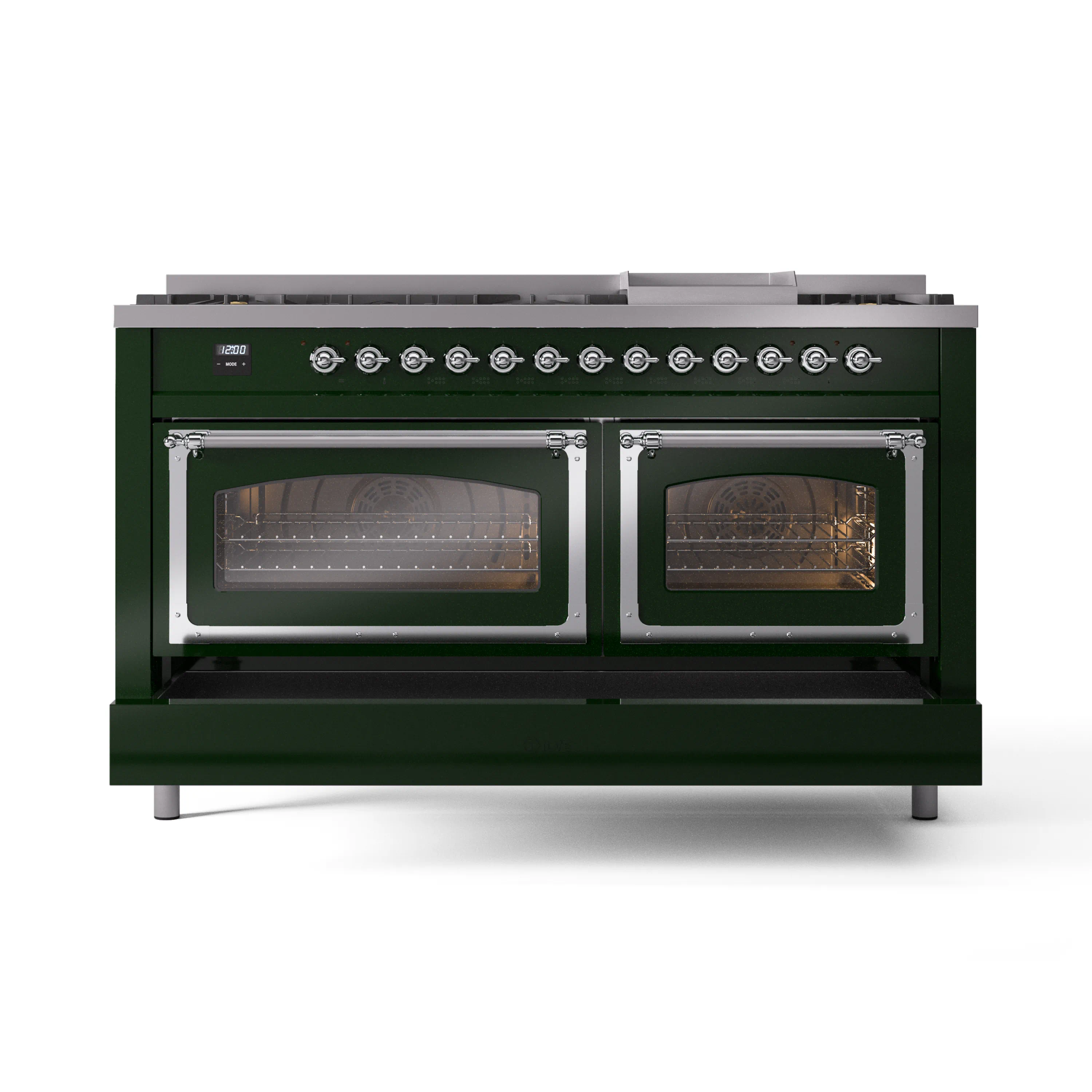 ILVE 60-Inch Nostalgie II Noblesse Dual Fuel Range with 9 Sealed Burners, Griddle, Triple Glass Door Oven in Emerald Green with Chrome Trim (UN60FNMPEGC)