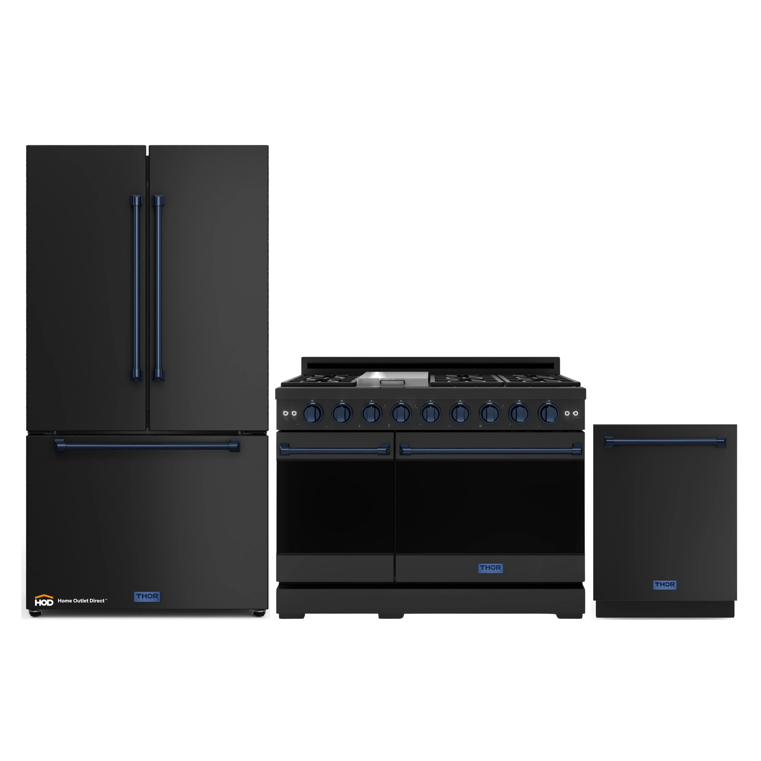 Gordon Ramsay by Thor Kitchen 3-Piece Appliance Package - 48-Inch Gas Range with Double Oven, 36-Inch Refrigerator, and Dishwasher in Black with Blue Trim