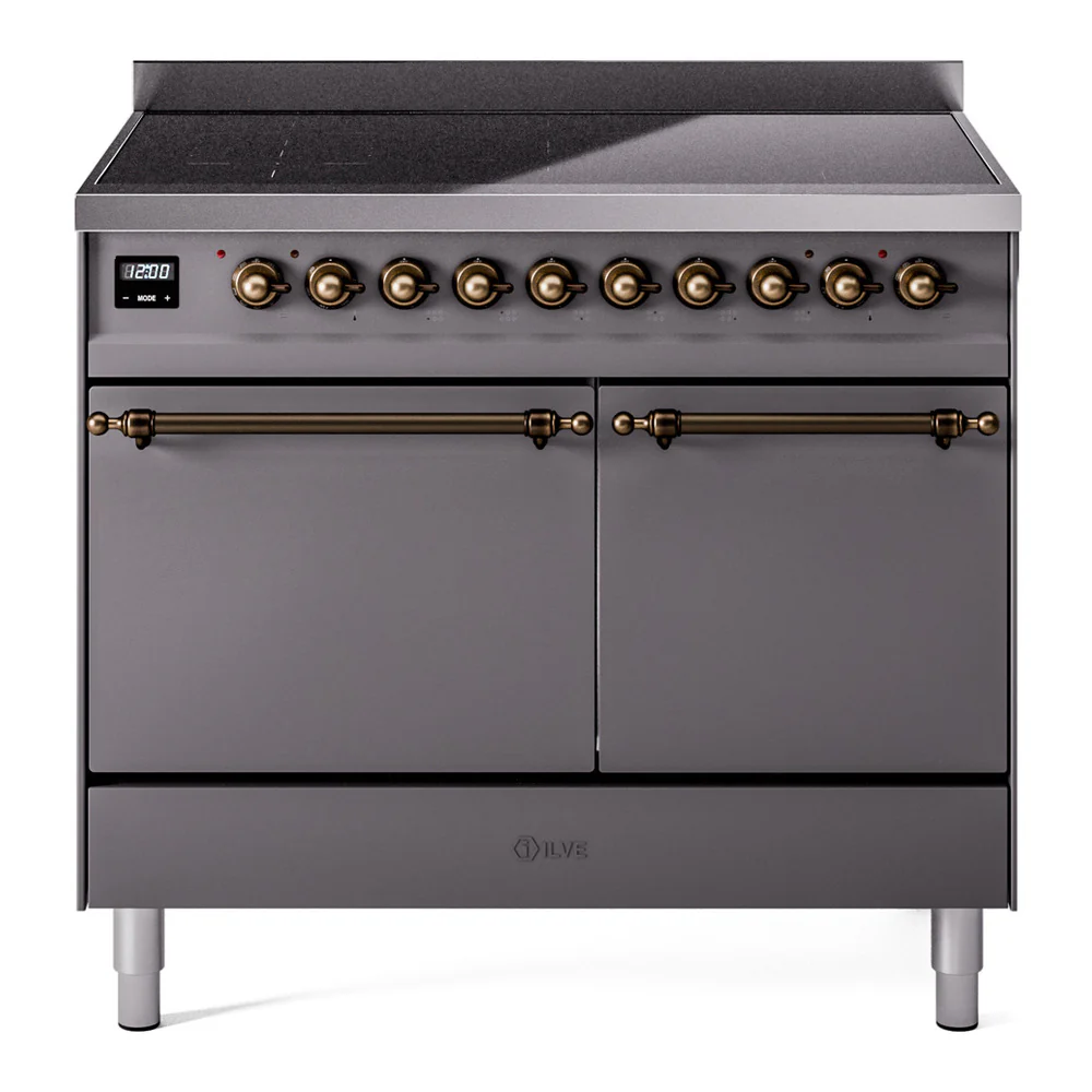 ILVE 40-Inch Nostalgie II Induction Range with Solid Door Oven in Matte Graphite with Bronze Trim (UPDI406QNMPMGB)