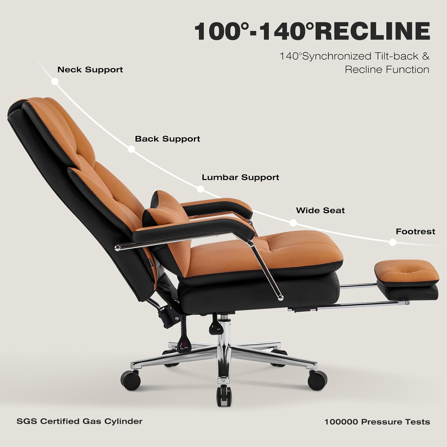 Furniliving Executive Leather Office Chair with Footrest, Big and Tall Office Chair 500lbs,Wide Seat Reclining Desk Chair with Lumbar Support, Armrest, Brown