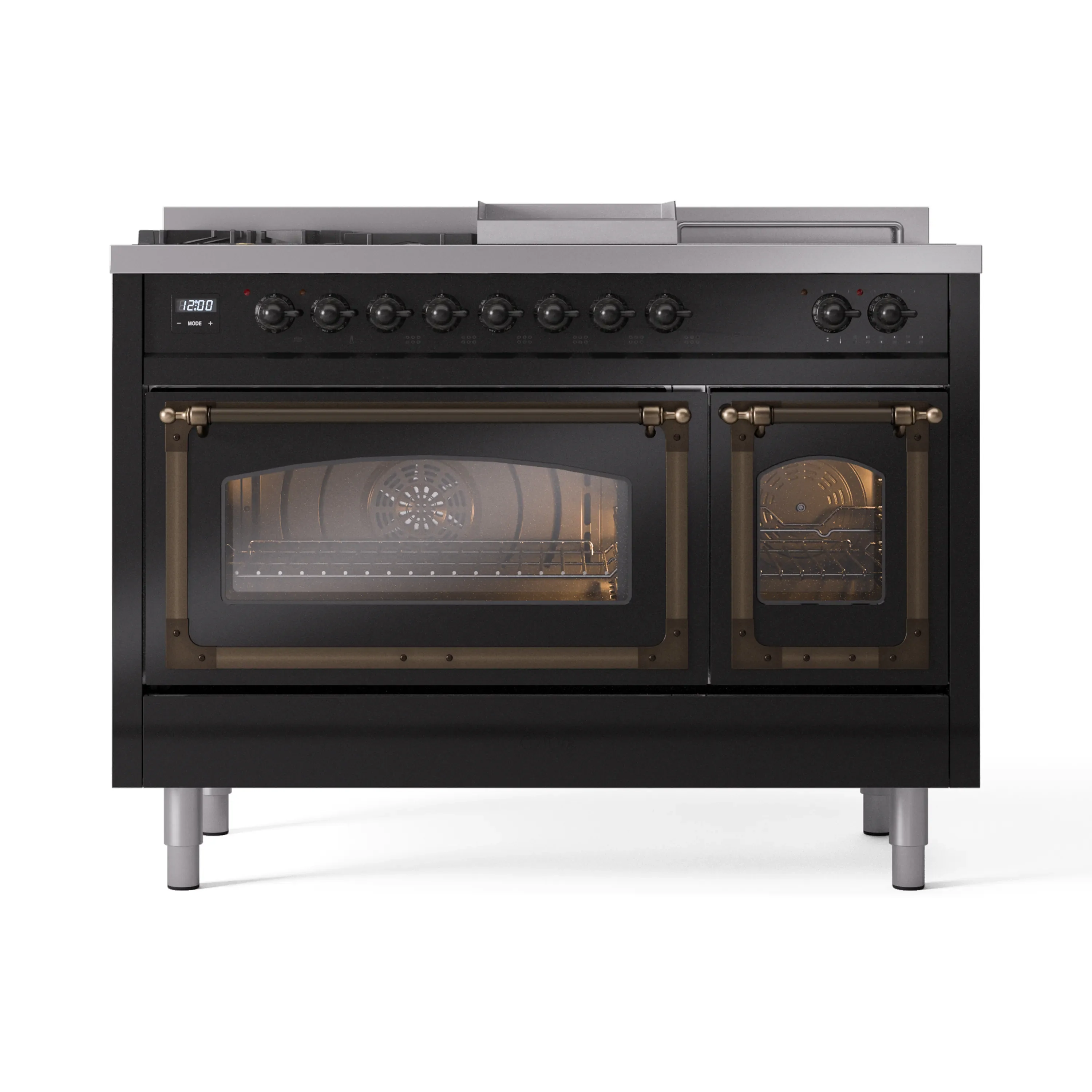 ILVE Nostalgie II Noblesse 48-Inch Dual Fuel Range with 5 Burners, Griddle, & French Top with Triple Glass Door Oven in Glossy Black with Bronze Trim (UN48FSNMPBKB)
