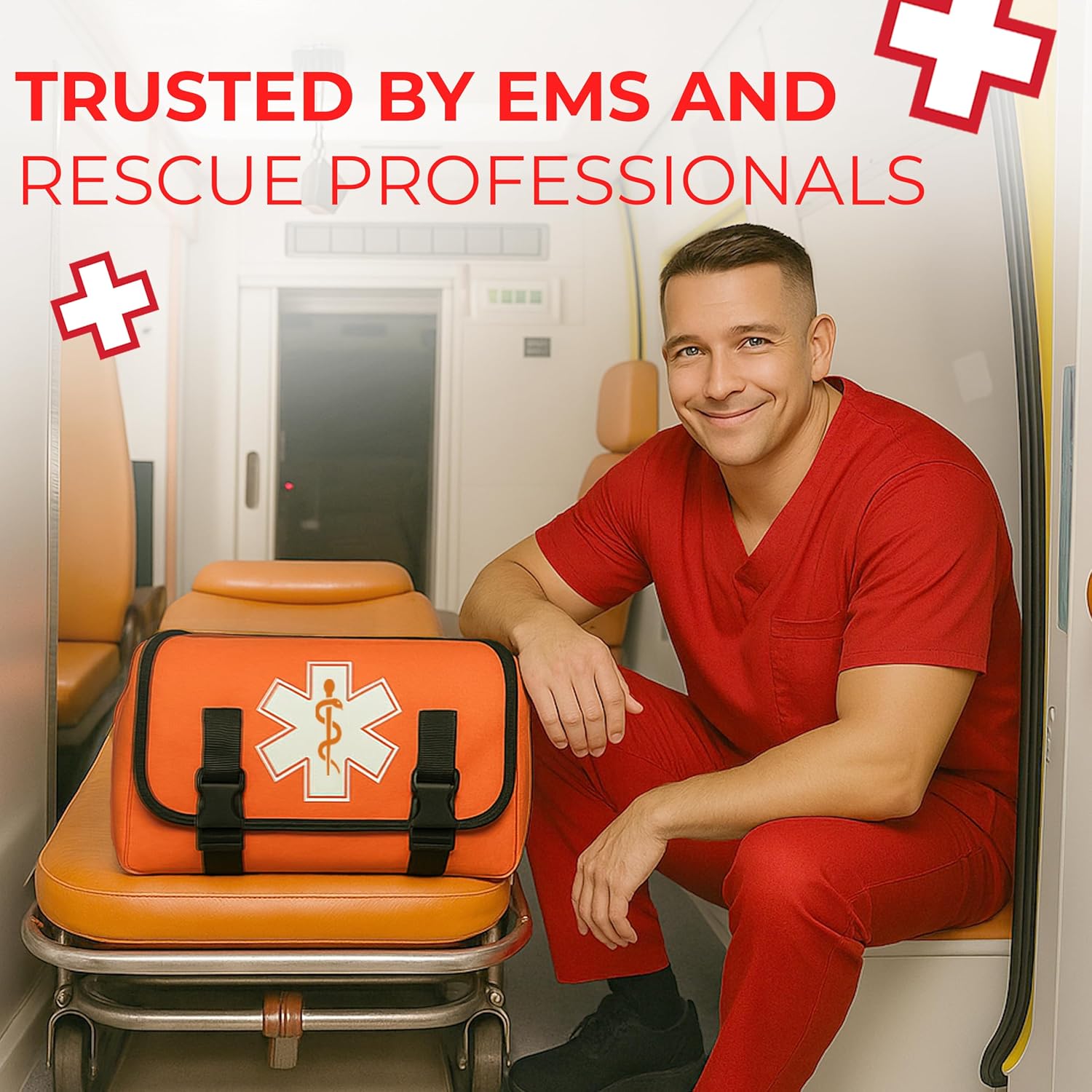 Fully Stocked EMT Trauma Bag – Tactical First Responder Medical Kit with Tourniquet, Chest Seals, Bleeding Control, Gauze, Shears & Bandages – Orange