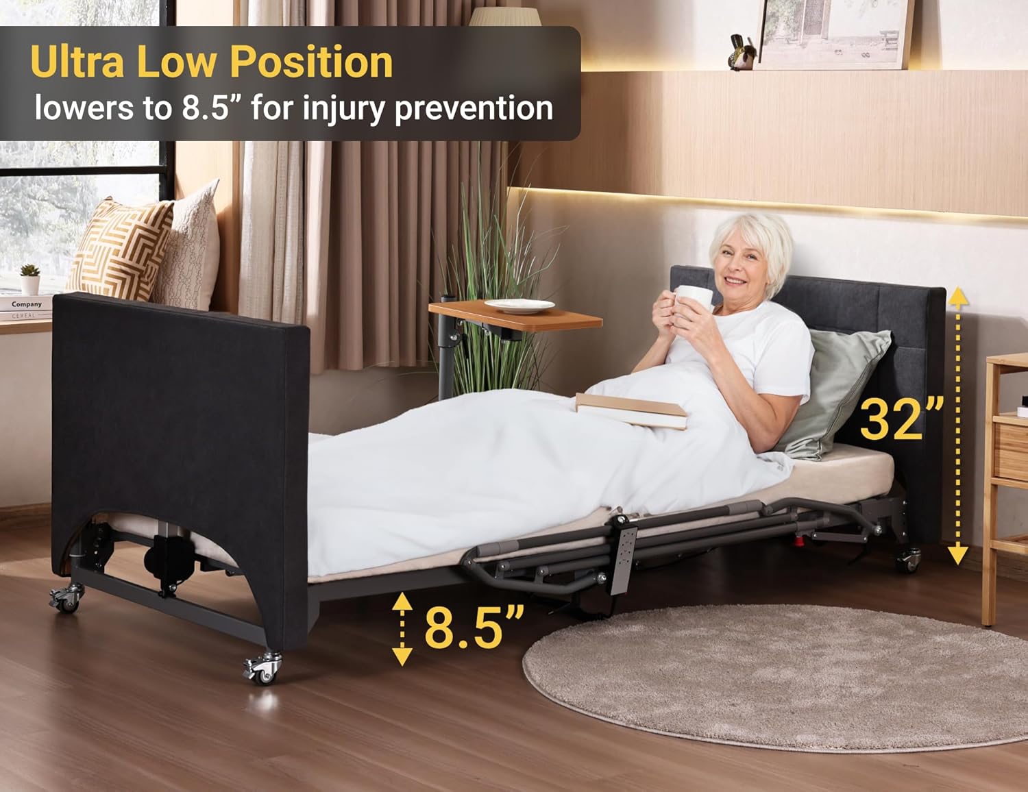 Electric Hospital Bed with Medical Mattress, Overbed Table & Rails - Advanced German Technology - 5 Functions with 8.5”-25” Adjustable Height for Home Use