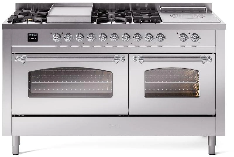 ILVE Nostalgie II 60-Inch Dual Fuel Range with 7 Burners, Griddle, & French Top with Triple Glass Door Oven in Stainless Steel with Chrome Trim (UP60FSNMPSSC)