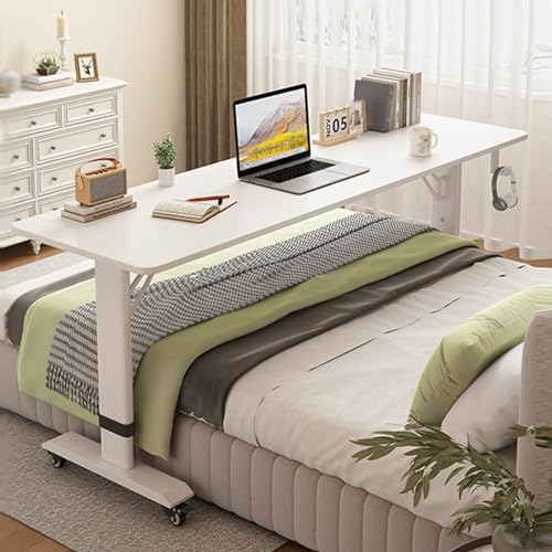 Overbed Table with Wheels, Bedside Table Height Adjustable, Portable Over Bed Table, Standing Over Bed Desk for Hospital and Home Use,Warm White-59.0in/150cm