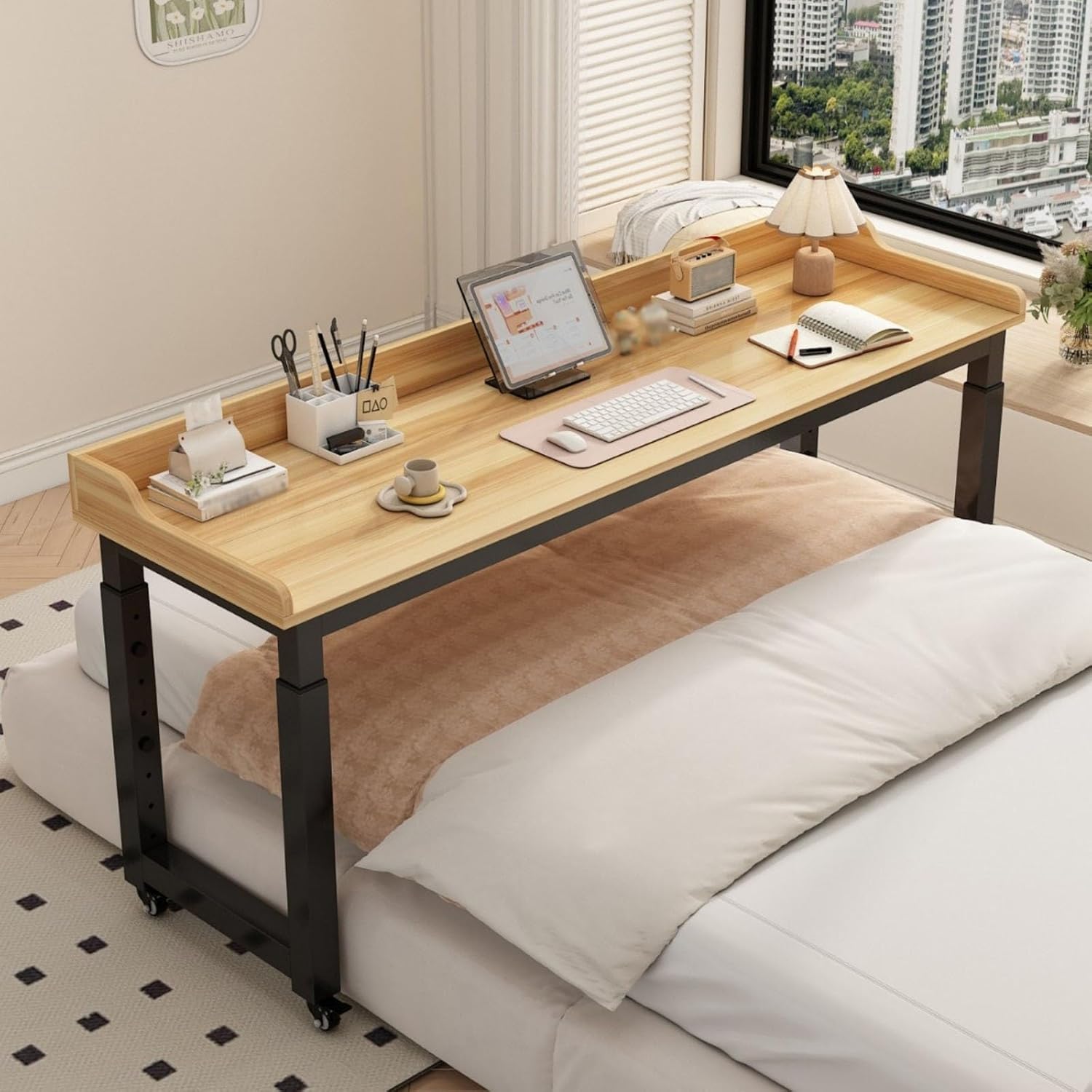 Mobile Bed Desk for Queen, Bed Desk Recliner Table Adjustable Height Laptop, Computer Overbed Table with Wheels and Baffle Holder for Home and Hospital(Yellow - C,100cm/39.3in)