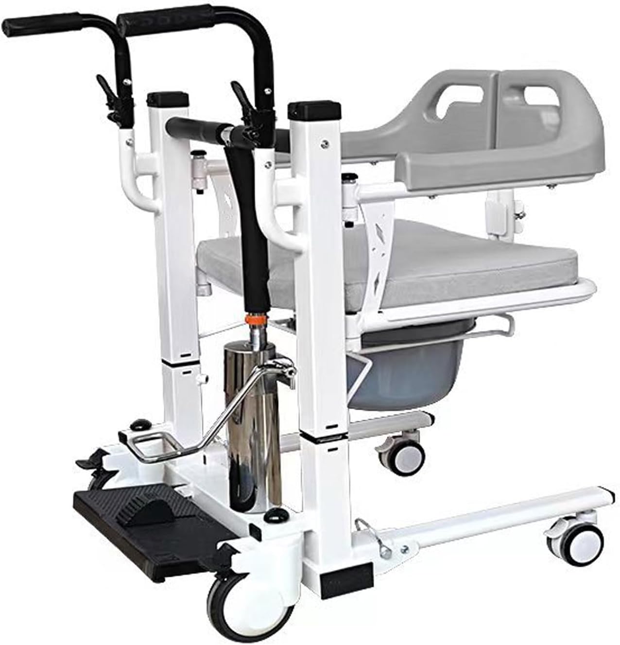Transport Hydraulic Patient Lift for Home Multi-Function Transfer Lifter Commode Wheelchair w/180° Split Seat and Potty Transport Shower Chair for Elderly Disabled (Grey)