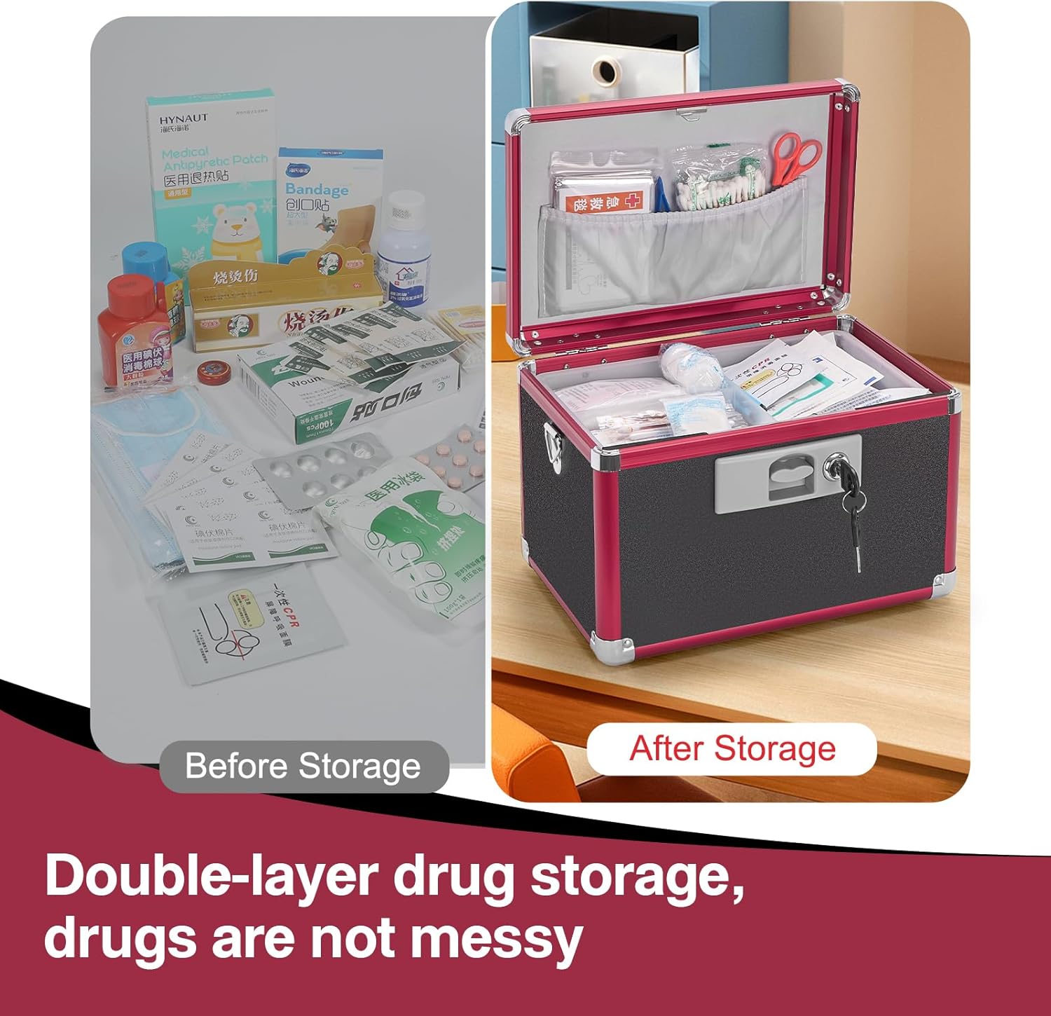 Secure Medicine Lock Box with Key, Childproof Metal Medication Storage Organizer for Home & Travel, Layered Aluminum First Aid Box, Portable & Durable – 15