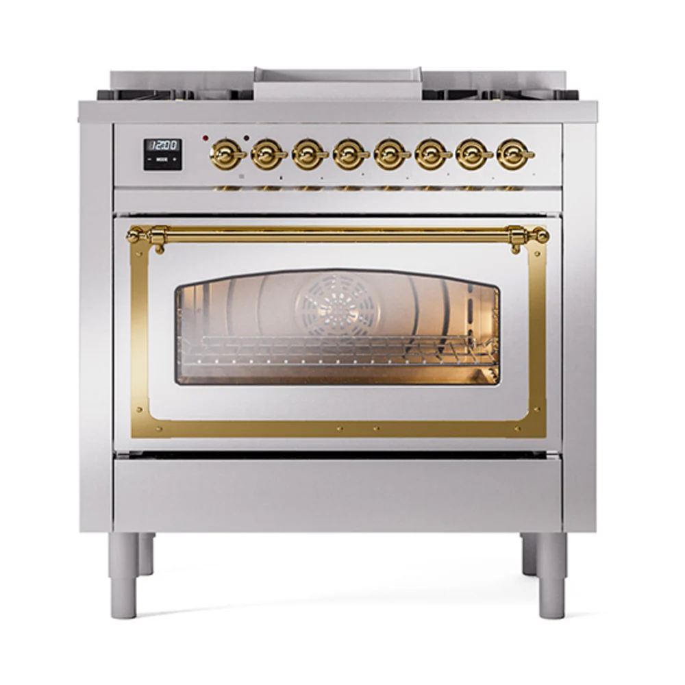 ILVE Nostalgie II Noblesse 36-Inch Dual Fuel Range and Triple Glass Door in Stainless Steel with Brass Trim (UN36FNMPSSG)