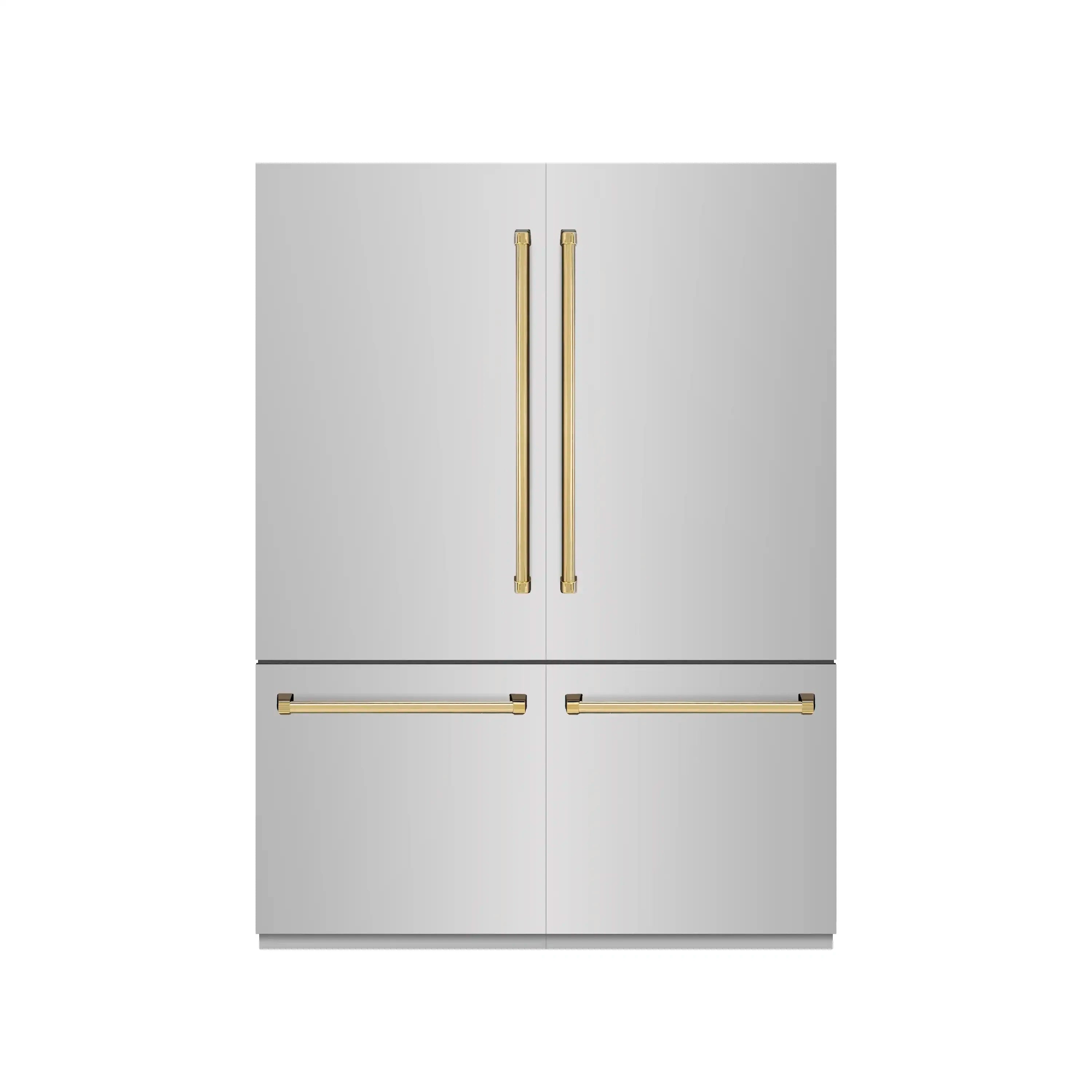 ZLINE Autograph Edition 60-Inch 32.2 Cu. Ft. French Door Built-In Bottom Freezer Refrigerator with Water Dispenser and Ice Maker in Stainless Steel with Graphite Gray Interior and Polished Gold Accents (GRBIVZ-304-60G)