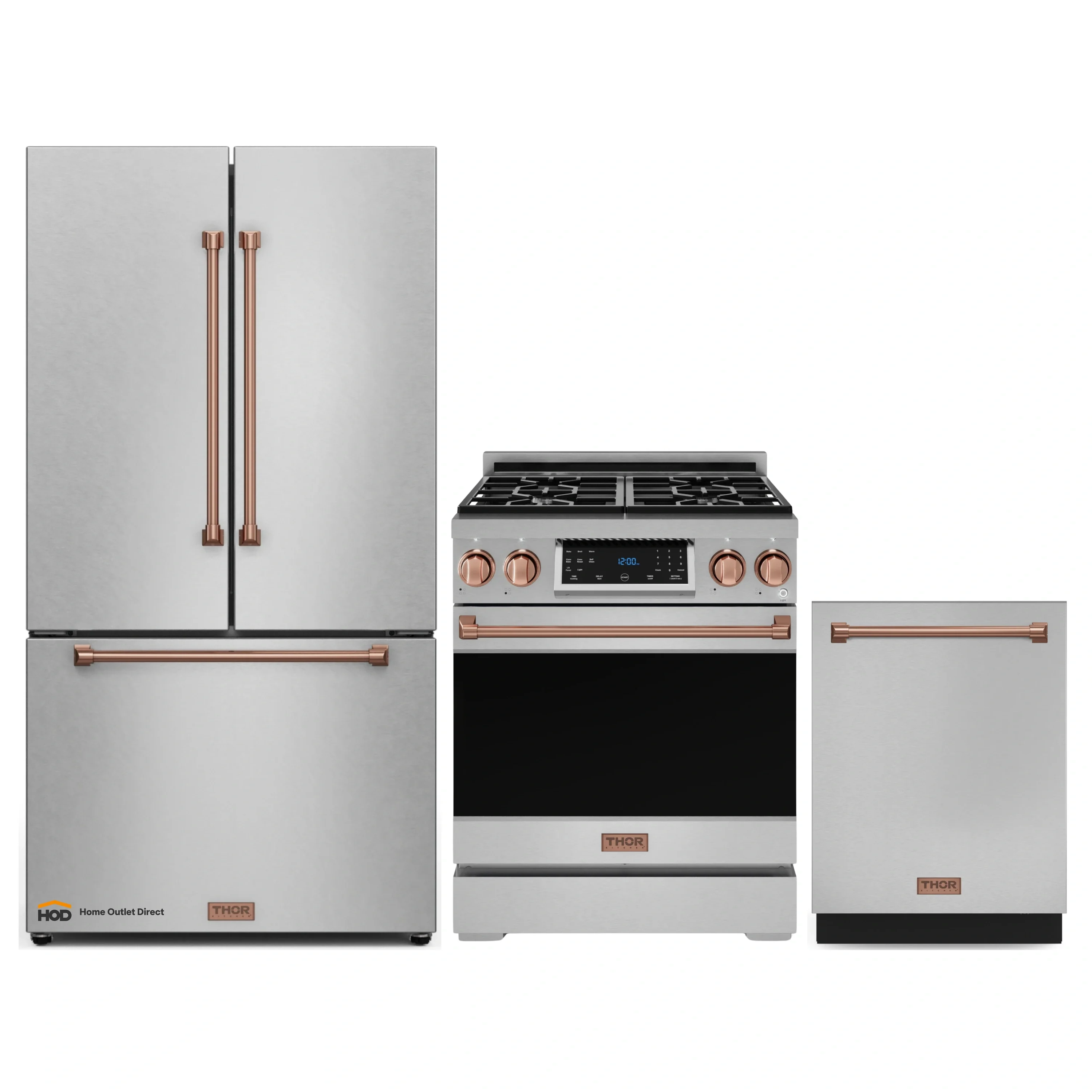 Gordon Ramsay by Thor Kitchen 3-Piece Appliance Package - 30-Inch Gas Range with Tilt Panel, 36-Inch Refrigerator, and Dishwasher in Stainless Steel with Rose Gold Trim