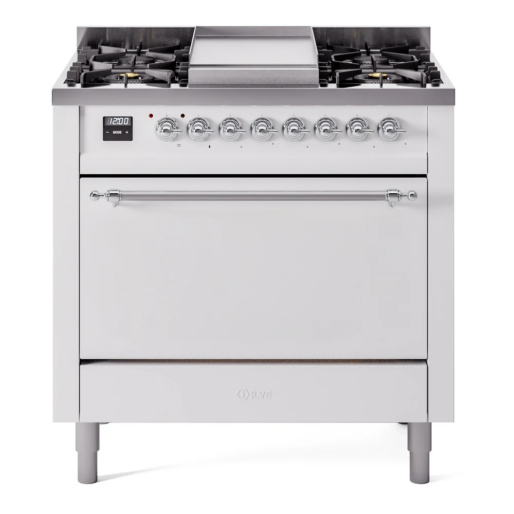 ILVE 36-Inch Nostalgie II Dual Fuel Range with 6 Burners and Solid Door Oven in White with Chrome Trim (UP36FQNMPWHC)