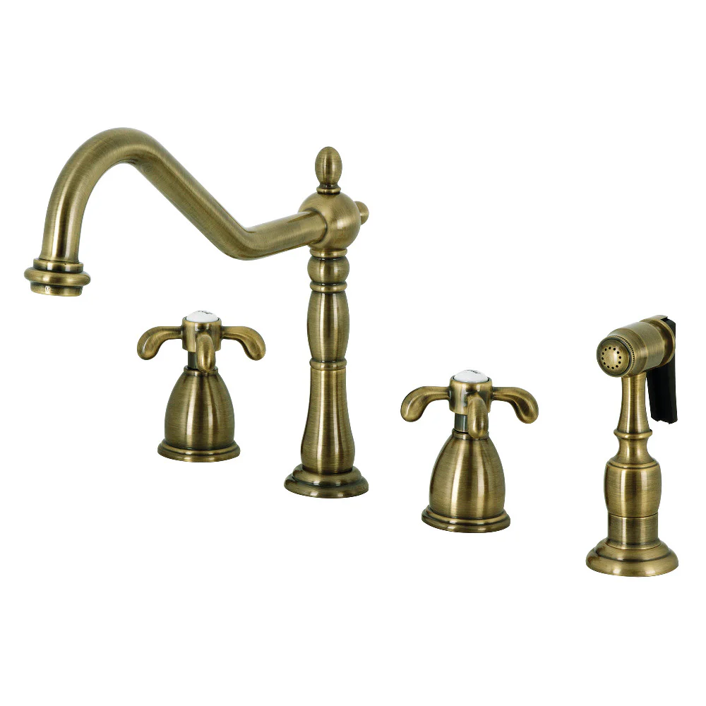 Kingston Brass French Country Double-Handle Widespread Kitchen Faucet with Brass Sprayer, Antique Brass (KB1793TXBS)