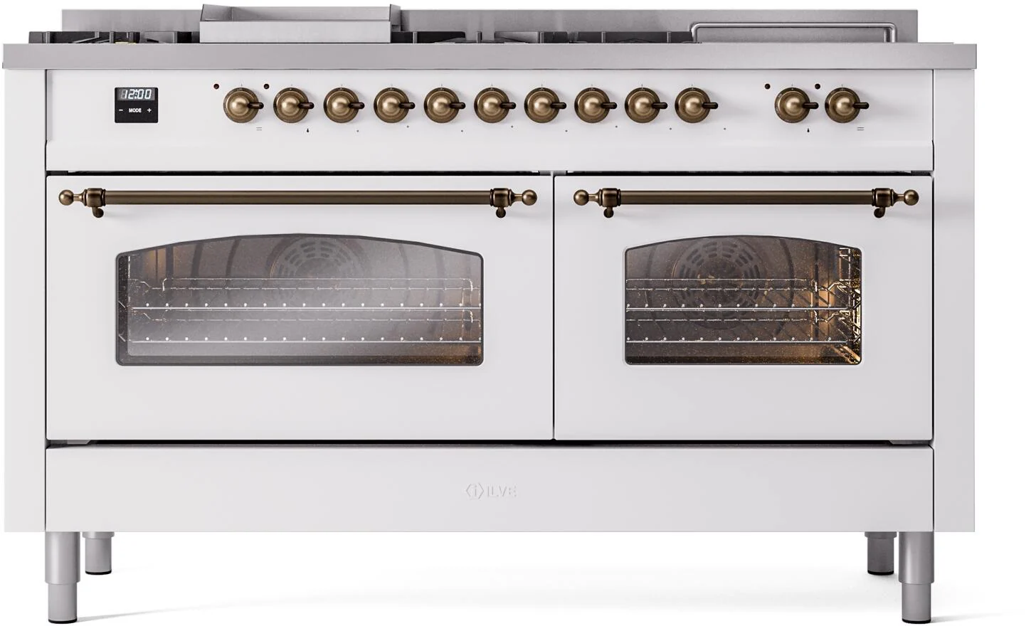 ILVE Nostalgie II 60-Inch Dual Fuel Range with 7 Burners, Griddle, & French Top with Triple Glass Door Oven in White with Bronze Trim (UP60FSNMPWHB)