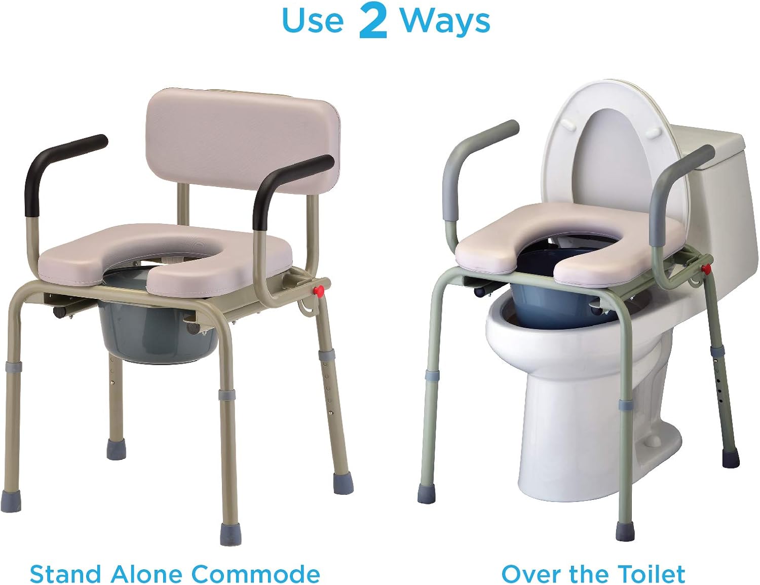 NOVA Medical Products Drop Arm Commode with Padded Seat and Back, Drop Down Arms for Easy Transfer, Stand Alone Bed Side Commode and Over The Toilet Commode, Comes with Bucket, Lid and Slash Guard Gray 1 Count