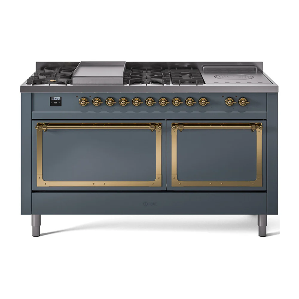 ILVE 60-Inch Nostalgie II Noblesse Dual Fuel Range with 7 Sealed Burners, Gridlde, French Top, and Solid Door Oven in Blue Grey with Brass Trim (UN60FSQNMPBGG)