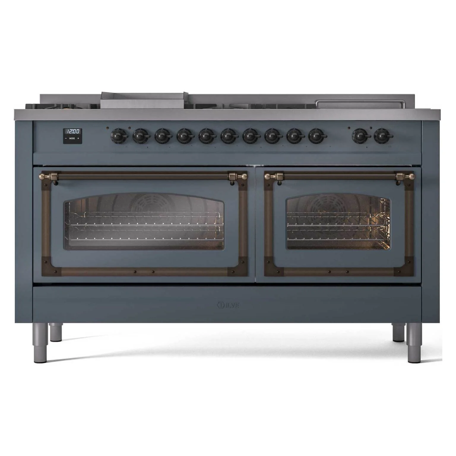 ILVE 60-Inch Nostalgie II Noblesse Dual Fuel Range with 7 Sealed Burners, Griddle, French Top and Triple Glass Door Oven in Blue Grey with Bronze Trim (UN60FSNMPBGB)