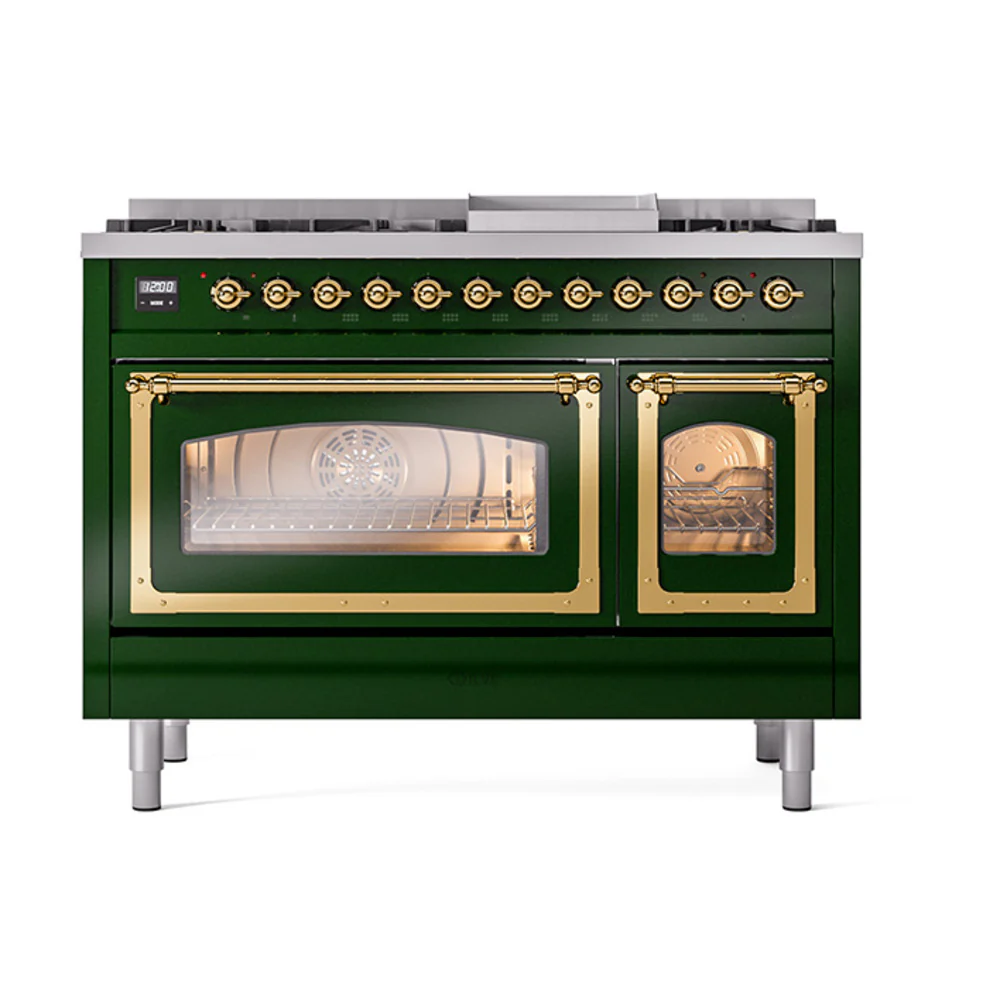 ILVE Nostalgie II Noblesse 48-Inch Dual Fuel Freestanding Range in Emerald Green with Brass Trim (UN48FNMPEGG)