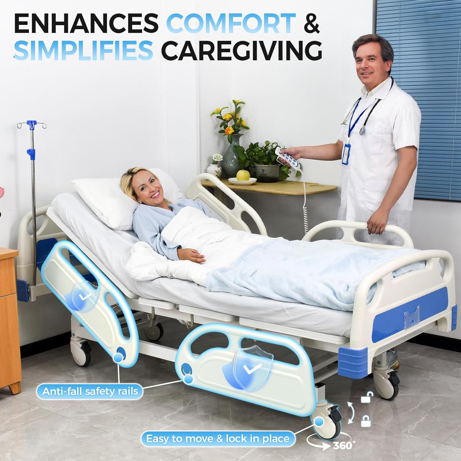 5 Function Full Electric Hospital Bed, 600LBS Adjustable Hospital Beds for Home Use, Medical Bed for Seniors with Mattress, IV Pole, Frame, Special Needs Beds, Medical Equipment