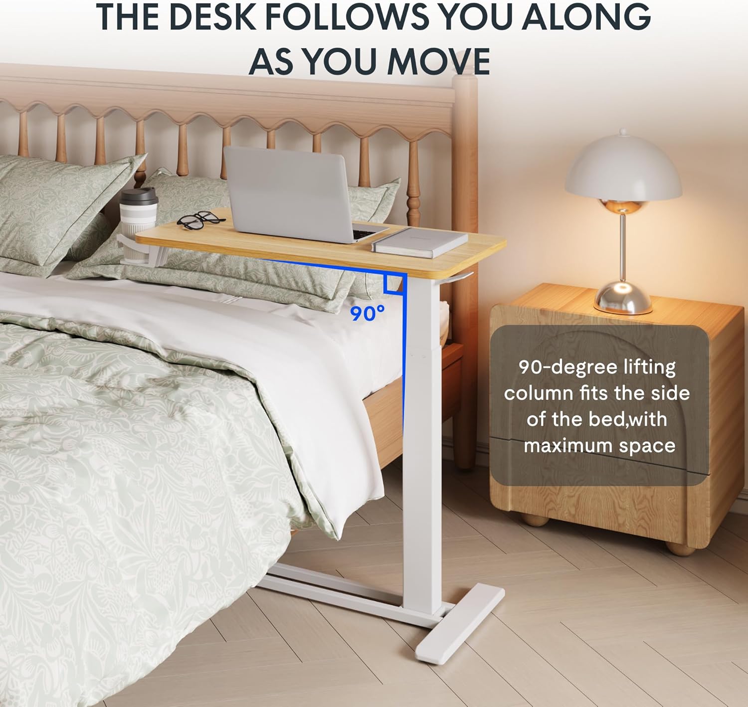 FLEXISPOT H7 Adjustable Overbed Bedside Table with Wheels Pneumatic Mobile Standing Desk Laptop Desk Rolling Computer Cart Movable Overbed Table Hospital Home Use(27.6