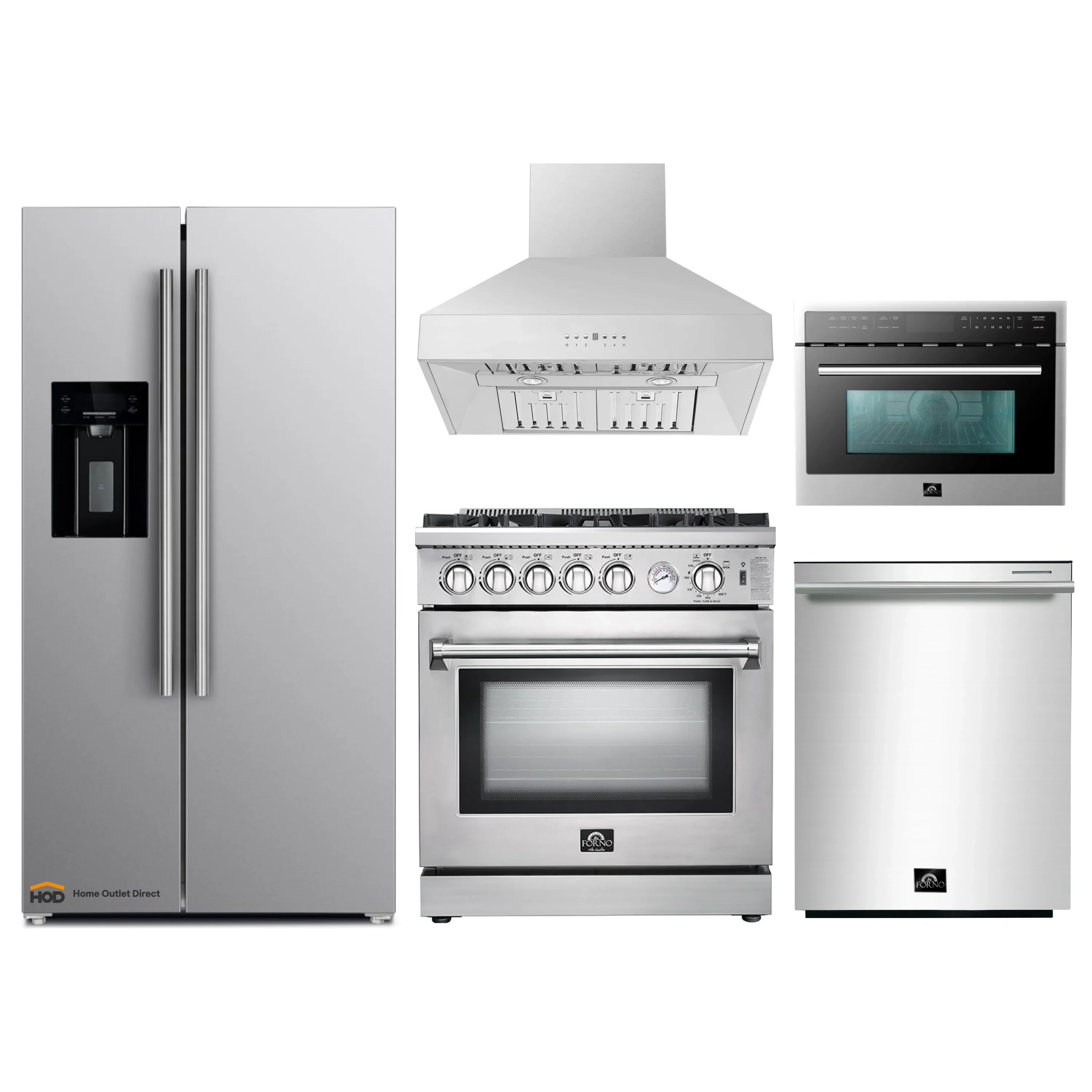Forno 5-Piece Appliance Package - 30-Inch Gas Range, Refrigerator with Water Dispenser, Wall Mount Hood, Microwave Oven, & 3-Rack Dishwasher in Stainless Steel