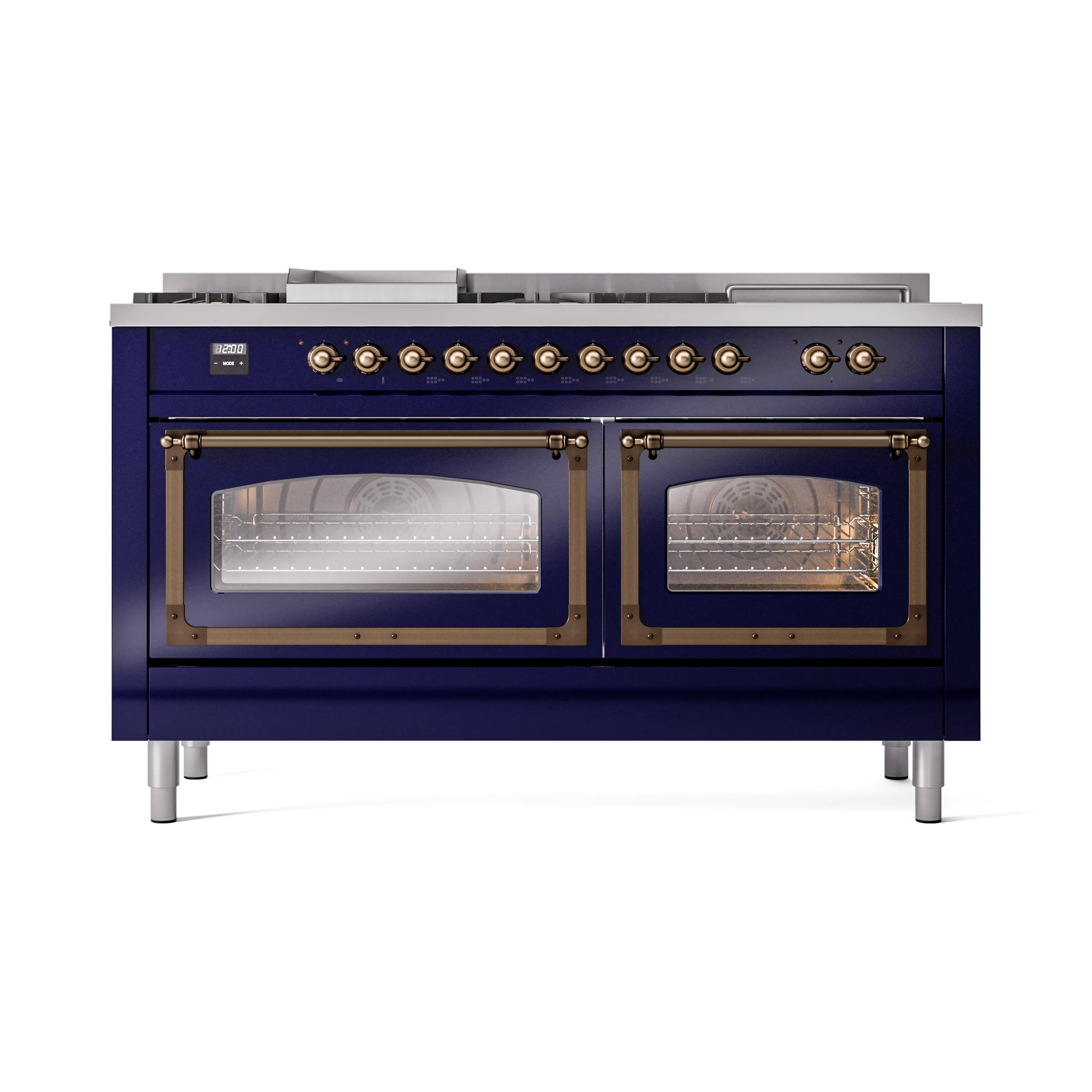 ILVE 60-Inch Nostalgie II Noblesse Dual Fuel Range with 7 Sealed Burners, Griddle, French Top, and Triple Glass Door Oven in Midnight Blue with Bronze Trim (UN60FSNMPMBB)