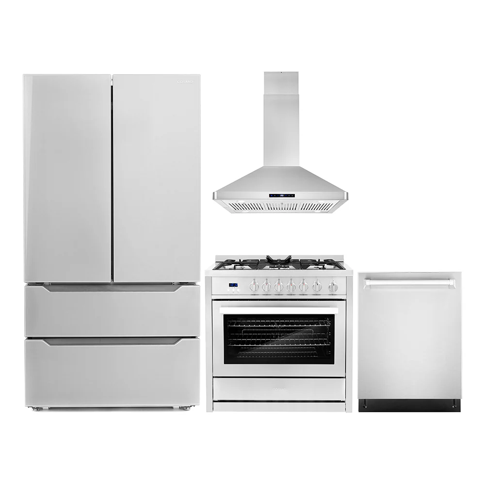 Cosmo 4-Piece Appliance Package - 36-Inch Single Oven Gas Range, Island Range Hood, Dishwasher and Refrigerator in Stainless Steel (COS-4PKG-070)