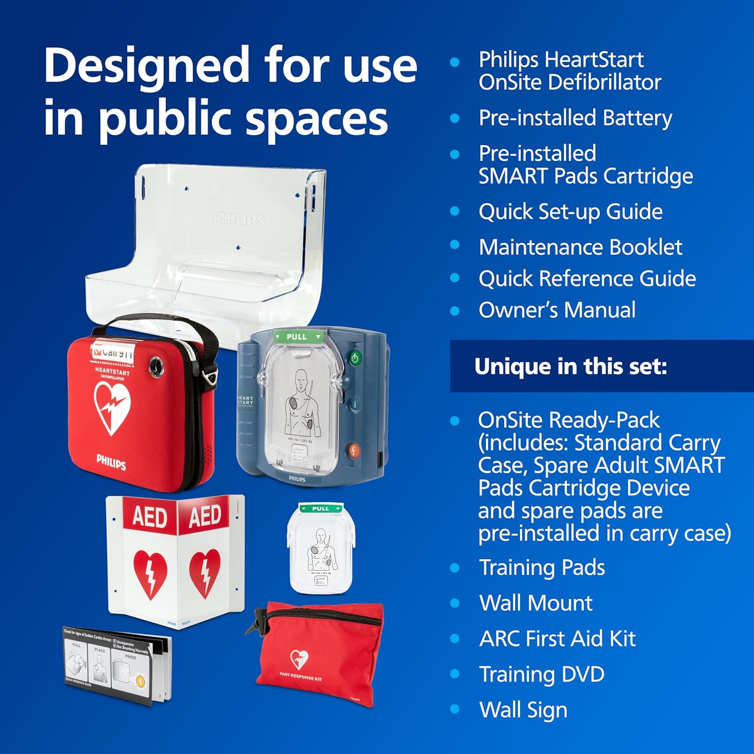 Philips HeartStart Ready Pack AED Defibrillator with Portable Emergency Medical Kit, CPR Guidance and Voice Prompts, Value Package with Standard Carry Case, M5066A-R01VPB
