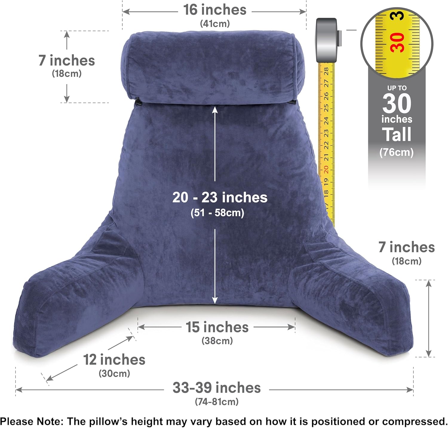 Husband Pillow XXL - Reading Pillow Bed Chair with Arms & Back Support - Dark Blue - Back Pillow for Beds Sitting Up - Bed Rest Arm Pillow - Comfy Reading Pillow for Adults