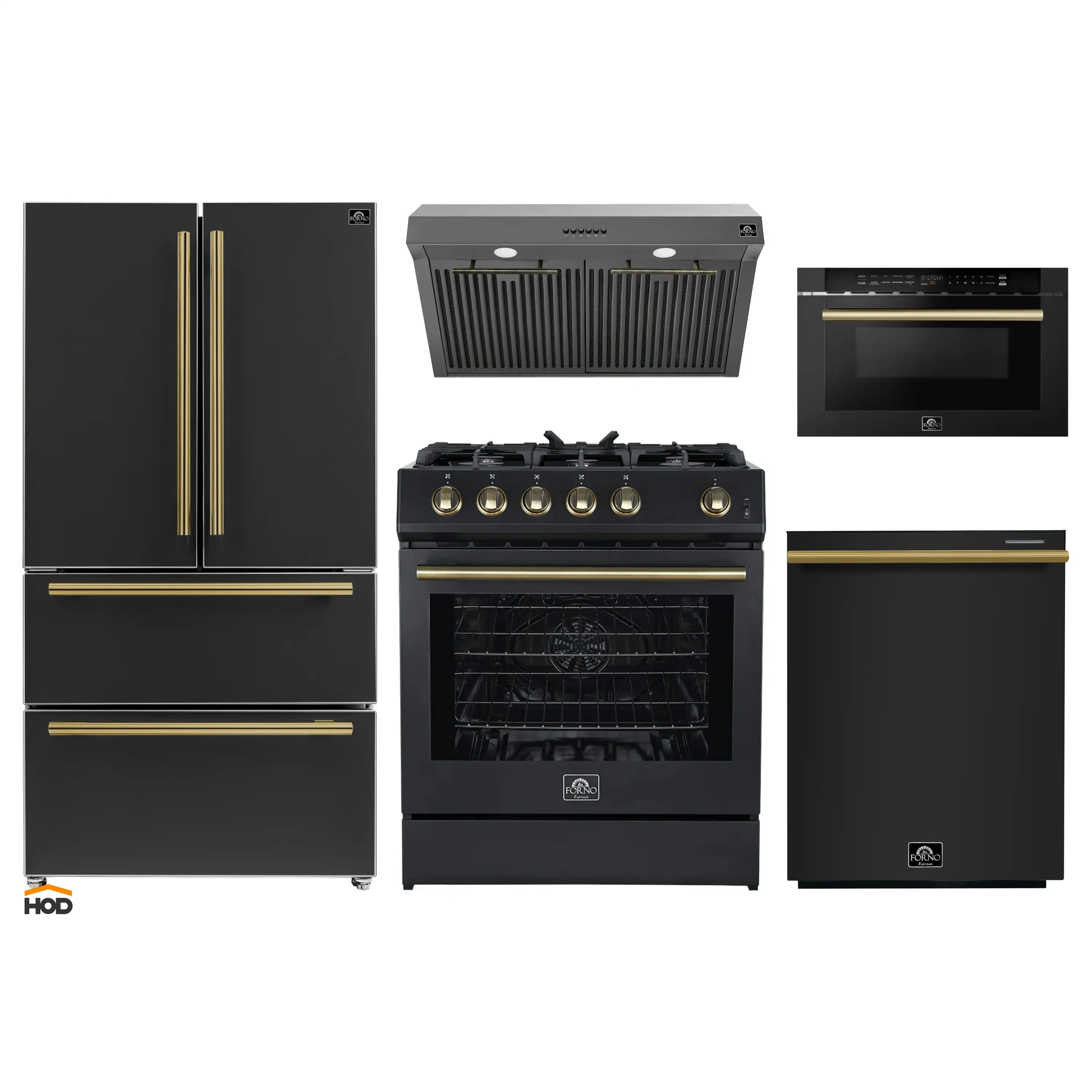 Forno 5-Piece Appliance Package - 30-Inch Gas Range, Under Cabinet Range Hood,  French Door Refrigerator, Dishwasher, and  Microwave Drawer in Black with Antique Brass Trim