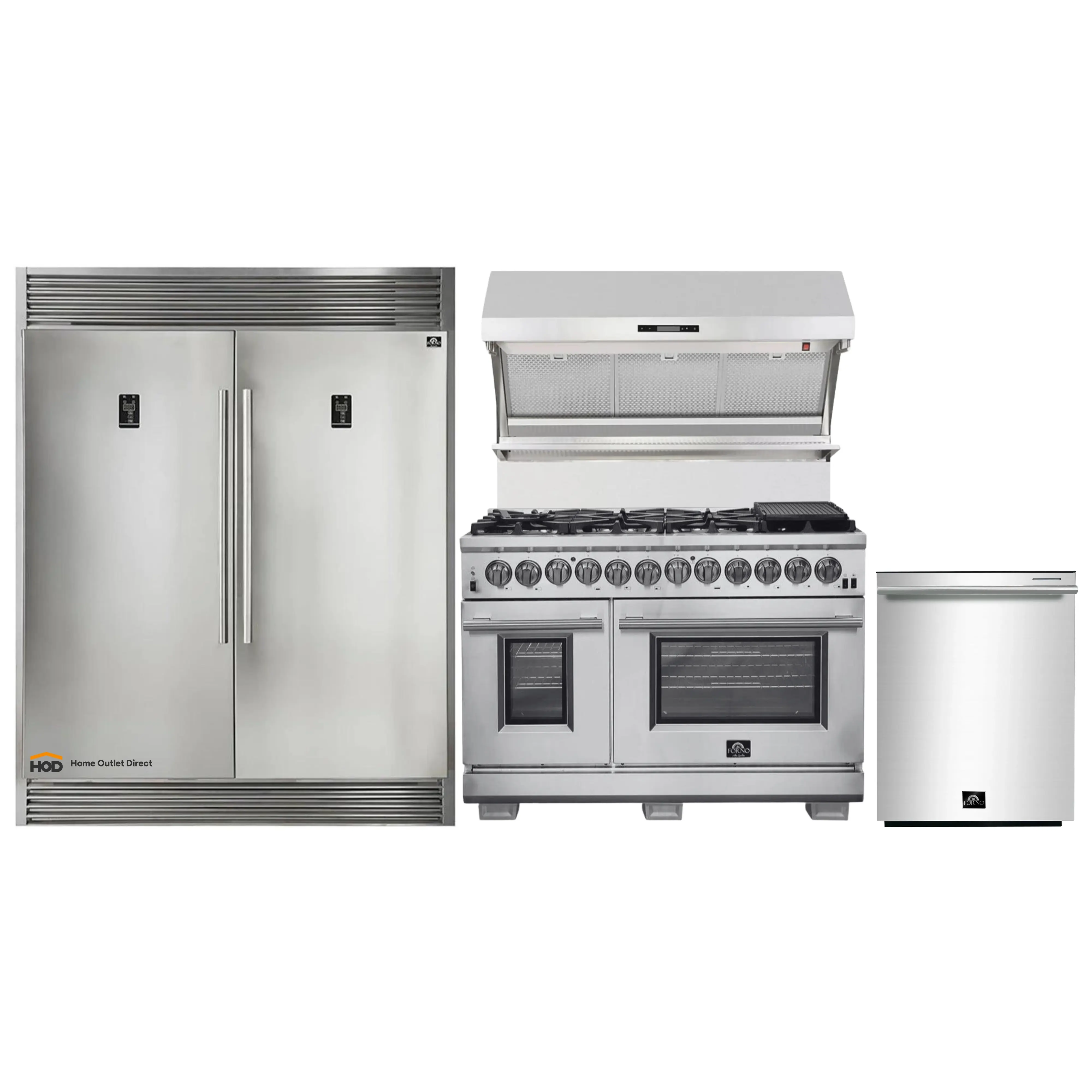 Forno 4-Piece Pro Appliance Package - 48-Inch Dual Fuel Range, 60-Inch Pro-Style Refrigerator, Wall Mount Hood with Backsplash, & Dishwasher in Stainless Steel