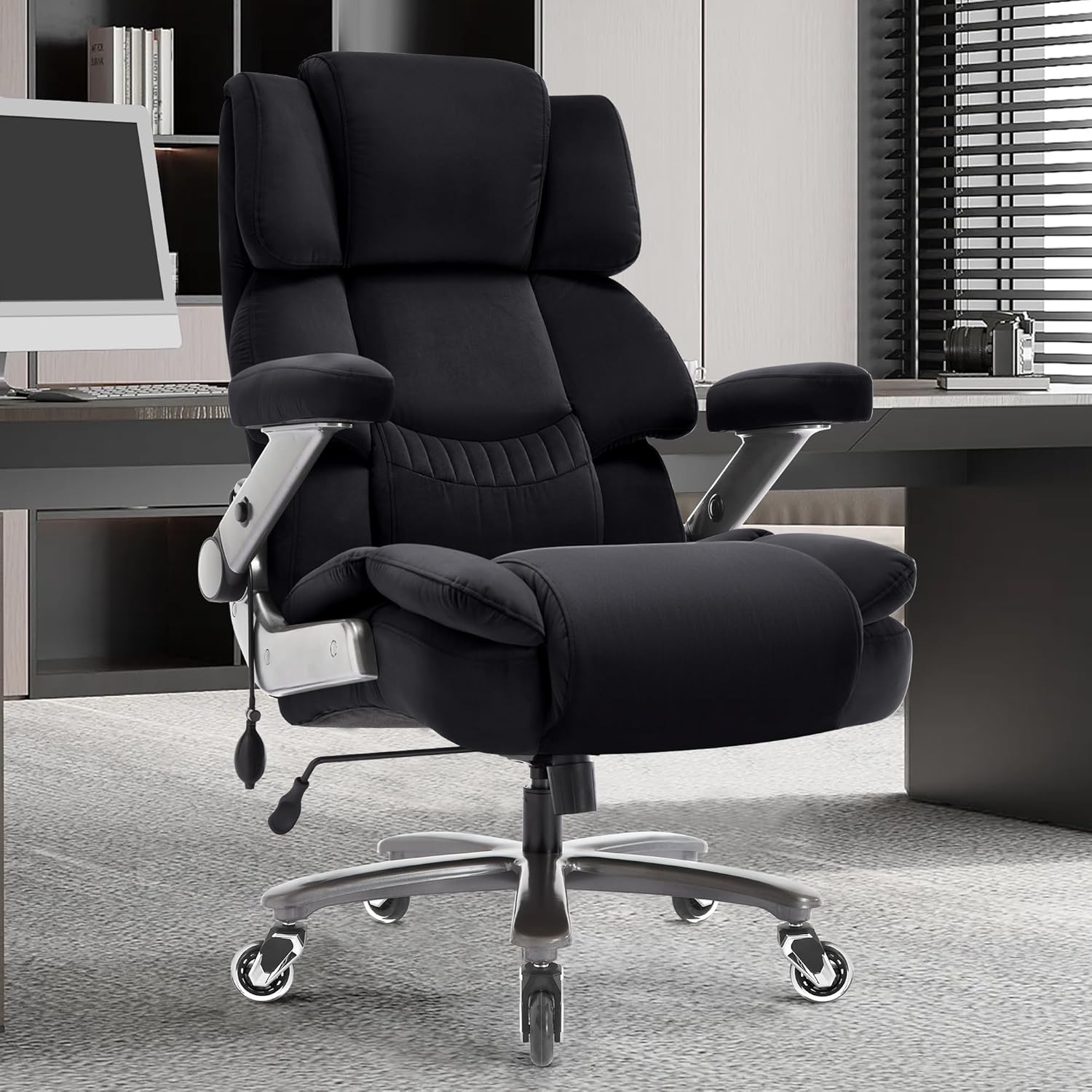 Fabric Big and Tall Office Chair 700lbs-High Back Executive Cloth Computer Chair with Adjustable Lumbar Support 3D Flip Arms Plus Size Rubber Wheels-Extra Wide Large Desk Chairs, Heavy Duty Metal Base