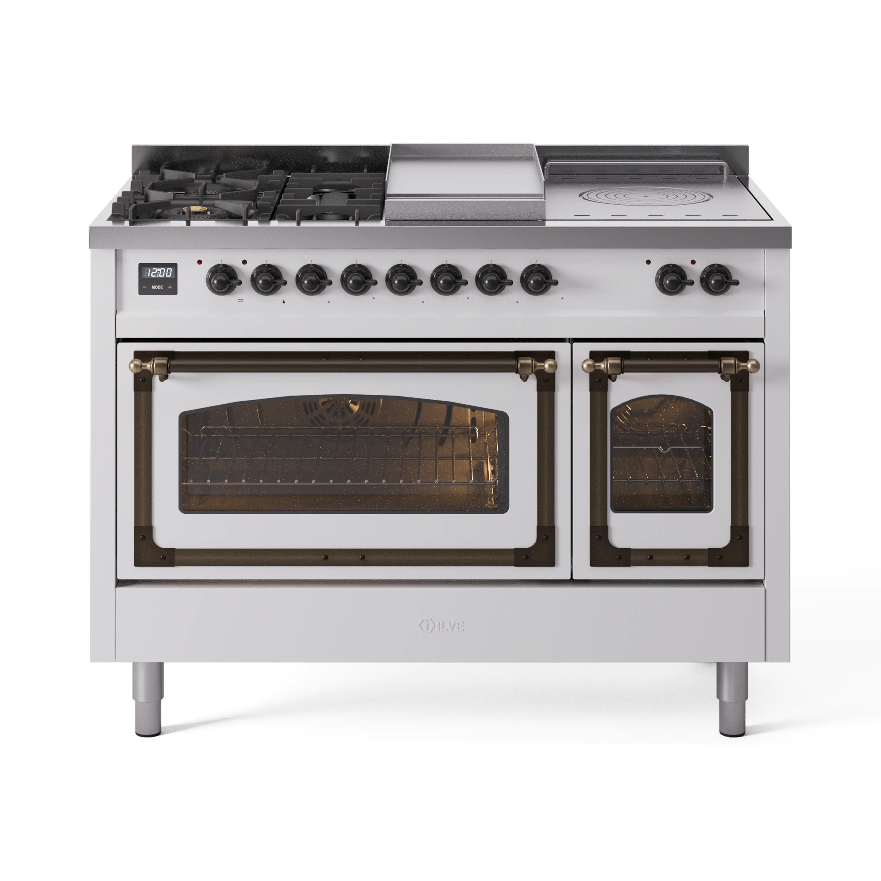 ILVE 48-Inch Nostalgie II Noblesse Dual Fuel Range with 5 Sealed Burners, Griddle, French Top and Triple Glass Door Oven in White with Bronze Trim (UN48FSNMPWHB)