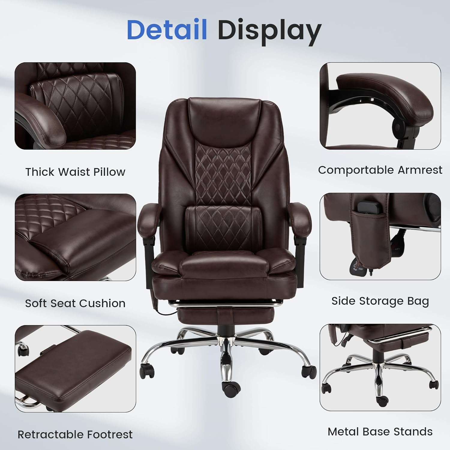 HOMREST 6-Point Massage Office Chair with Heat, 500lbs Big and Tall Executive Chair, Ergonomic Reclining Desk Chair with Footrest & Lumbar Support, Adjustable Armrest, PU Leather (Brown)