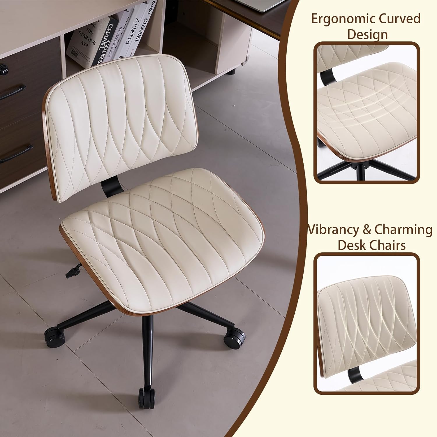Armless Desk Chair, Mid-Century Modern Office Chair no Arms, Vanity Chair, PU Leather Computer Task Chairs for Home Small Space, Quilted Upholstery Bentwood Frame, Swivel with Wheels, Cream