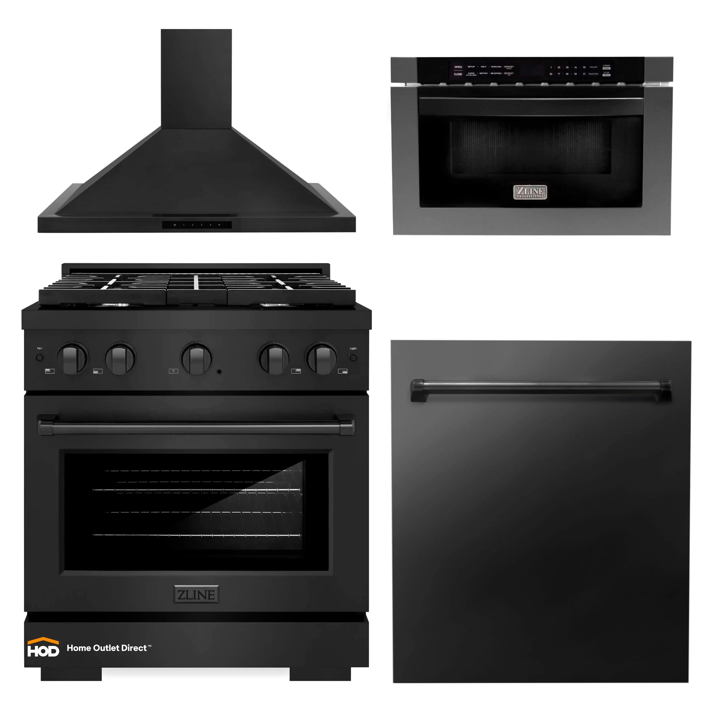 ZLINE 4-Piece Appliance Package - 30-inch Gas Range, Dishwasher, Microwave Drawer & Convertible Wall Mount Range Hood in Black Stainless Steel (4KP-SGRBRH30-MWDW)
