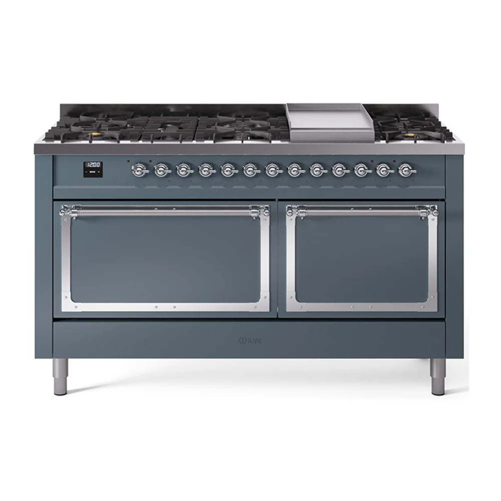 ILVE 60-Inch Nostalgie II Noblesse Dual Fuel Range with 9 Sealed Burners, Griddle, and Solid Door Oven in Blue Grey with Chrome Trim (UN60FQNMPBGC)