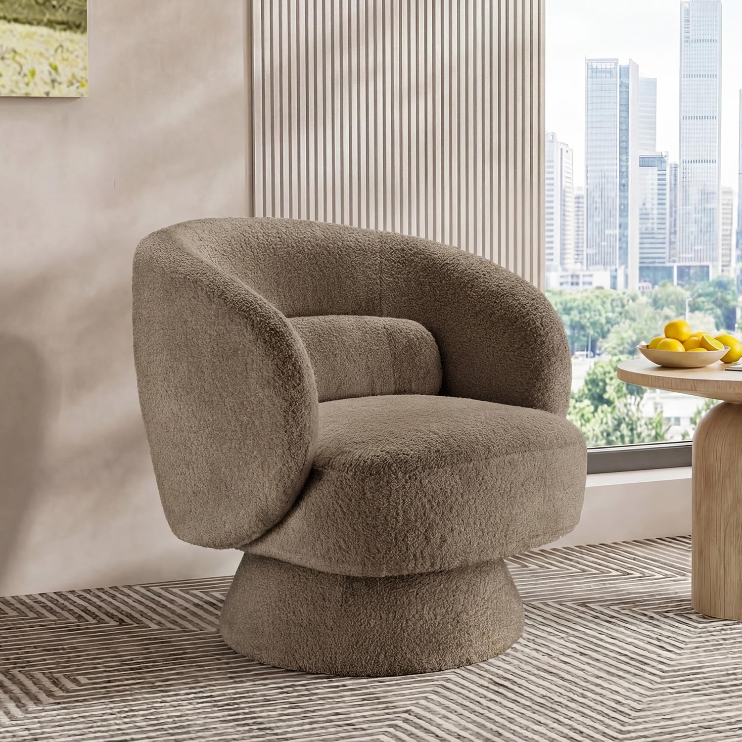 Swivel Accent Chair, Modern 360 Degree Swivel Barrel Chair with Arms & Curved Back and Lumbar Support Cushion, Comfy Round Single Boucle Sofa for Small Space, Living Room, Bedroom, Brown