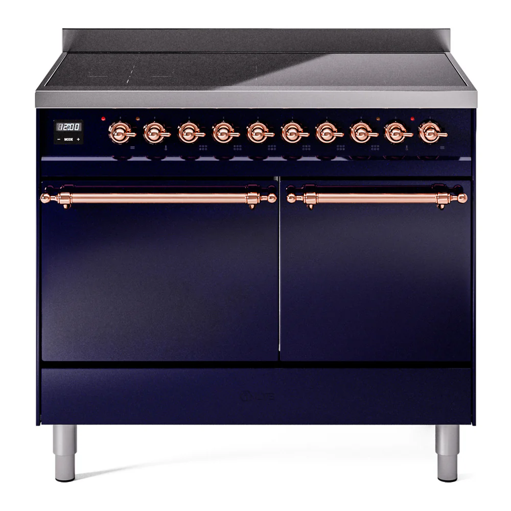 ILVE 40-Inch Nostalgie II Induction Range with Solid Door Oven in Midnight Blue with Copper Trim (UPDI406QNMPMBP)