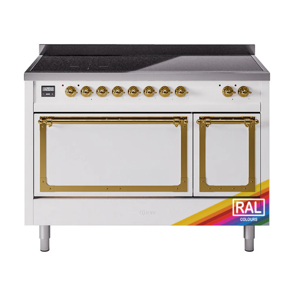 ILVE Nostalgie II Noblesse 48-Inch Induction Range with Solid Door Oven in RAL with Brass Trim (UNI486QNMPRAG)