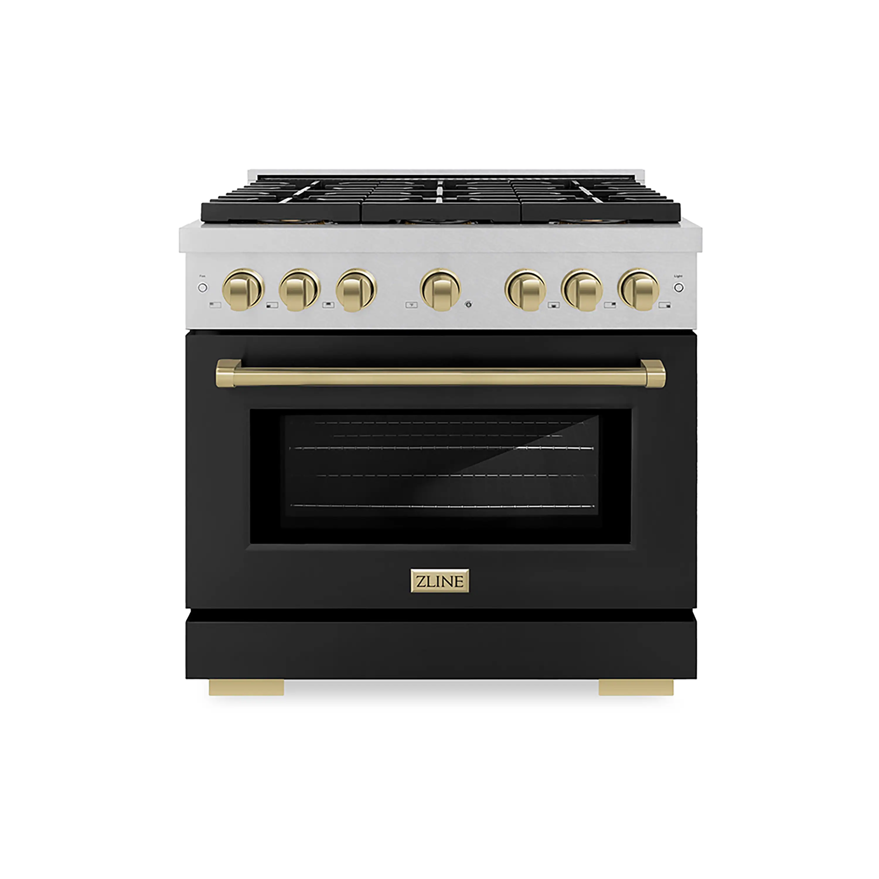 ZLINE Autograph Edition 36-Inch 5.2 cu. ft. Paramount Gas Range with 6 Burner DuoPro鈩?Cooktop and Convection Gas Oven in Satin Stainless Steel with Black Matte Door and Champagne Bronze Accents (PSGRSZ-BLM36-CB)