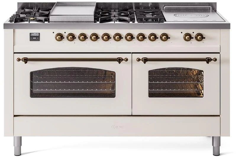 ILVE Nostalgie II 60-Inch Dual Fuel Range with 7 Burners, Griddle, & French Top with Triple Glass Door Oven in Antique White with Bronze Trim (UP60FSNMPAWB)