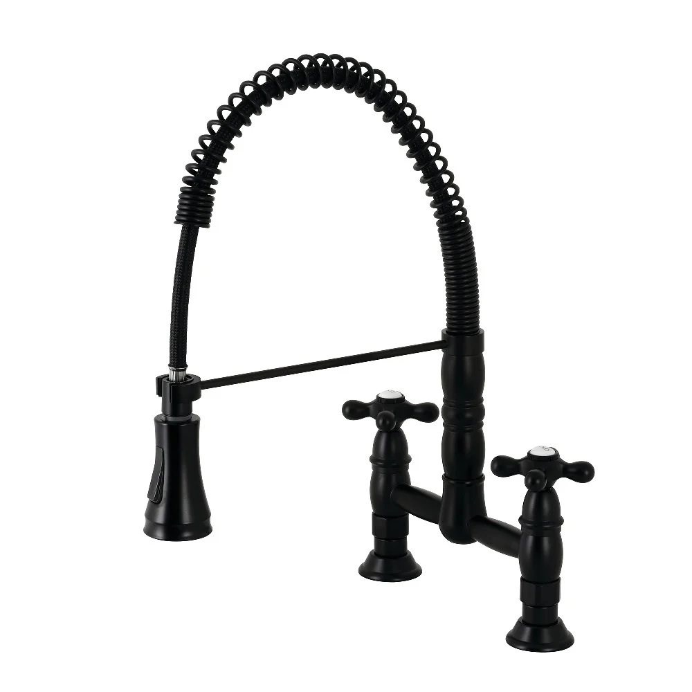 Kingston Brass Gourmetier Heritage Double-Handle Deck-Mount Pre-Rinse Bridge Kitchen Faucet, Matte Black (GS1270AX)