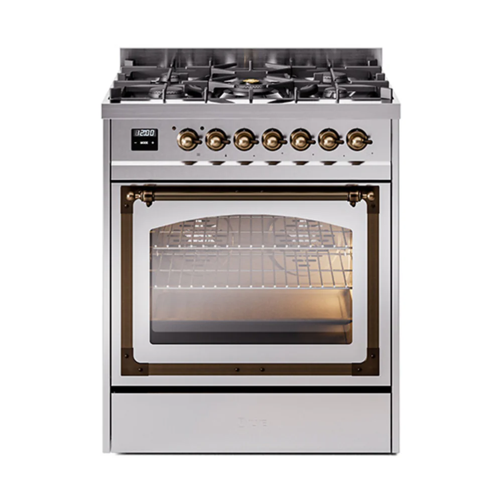 ILVE Nostalgie II Noblesse 30-Inch Dual Fuel Range with Triple Glass Door in Stainless Steel with Bronze Trim (UN30NMPSSB)