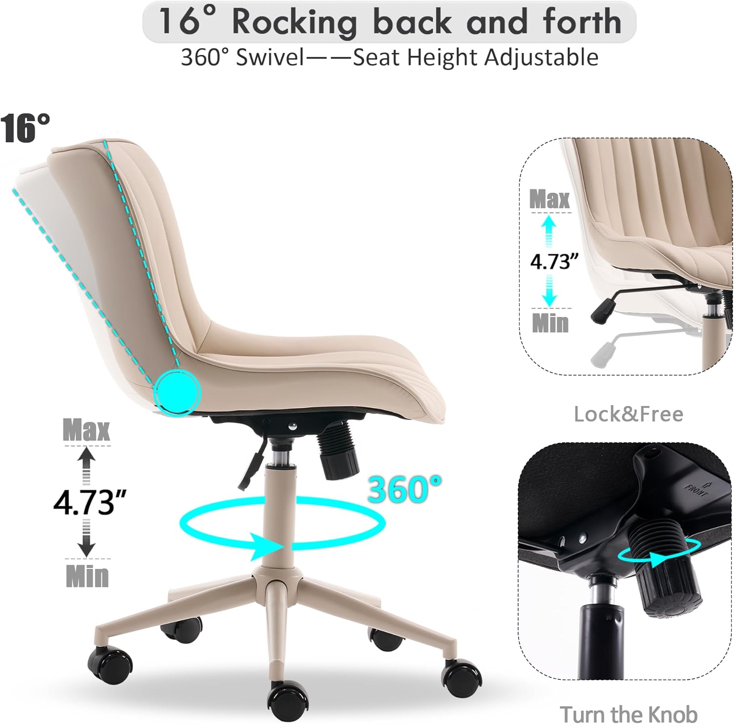YOUNIKE Cream Home Office Desk Chair with Wheels Armless Compact Comfy Vanity Chair with Adjustable Back Modern Small Leather Upholstered Rolling Swivel Cute Computer Task Sewing Chair No Arms