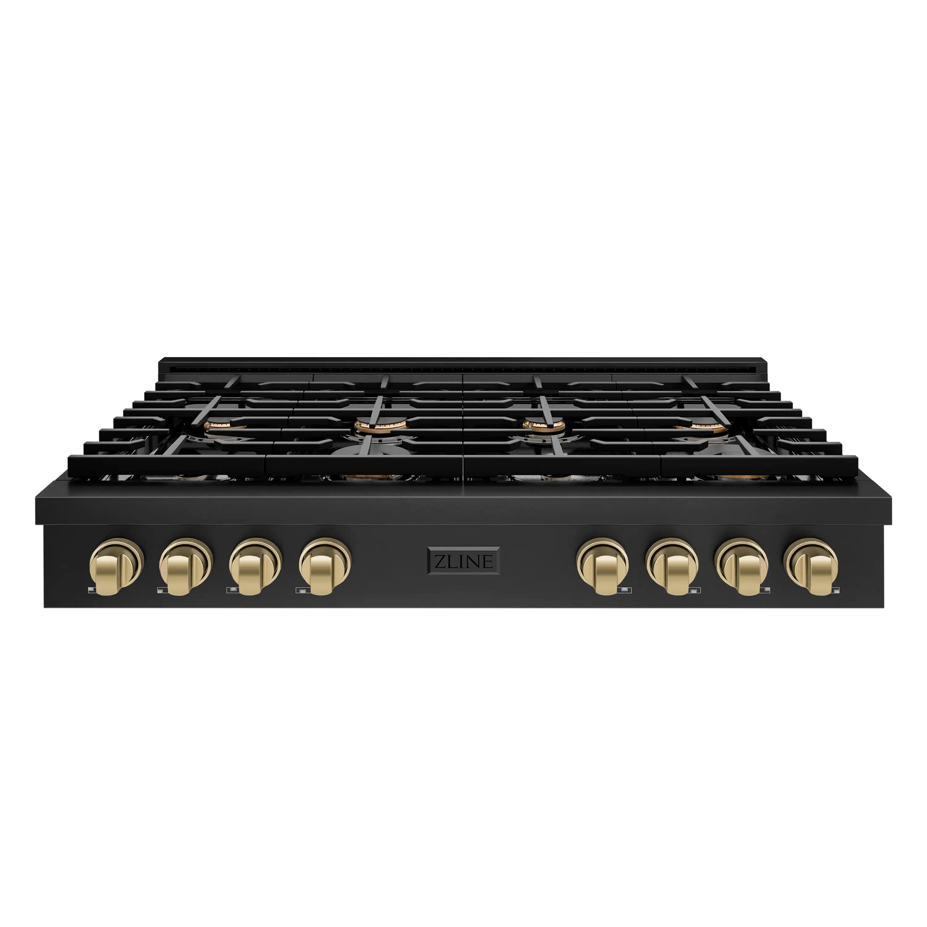 ZLINE Autograph Edition 48-Inch Paramount Gas Rangetop with 8 Burners and Porcelain Cooktop in Black Stainless Steel with Champagne Bronze Accents (SRTBZ-48-CB)