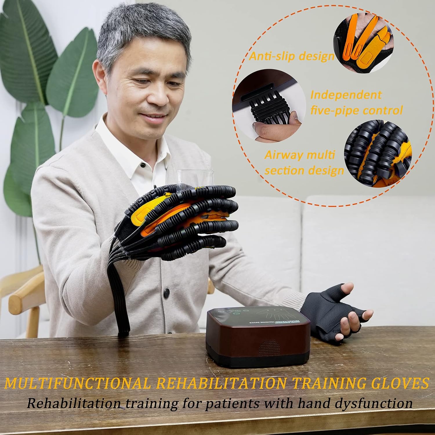 Rehabilitation Robot Gloves Stroke Hemiplegia Finger Trainer Stroke Hand Splint Finger Orthosis Assistive Training Equipment Minimize Spasticity(Size:Right L,Color:Orange-B)